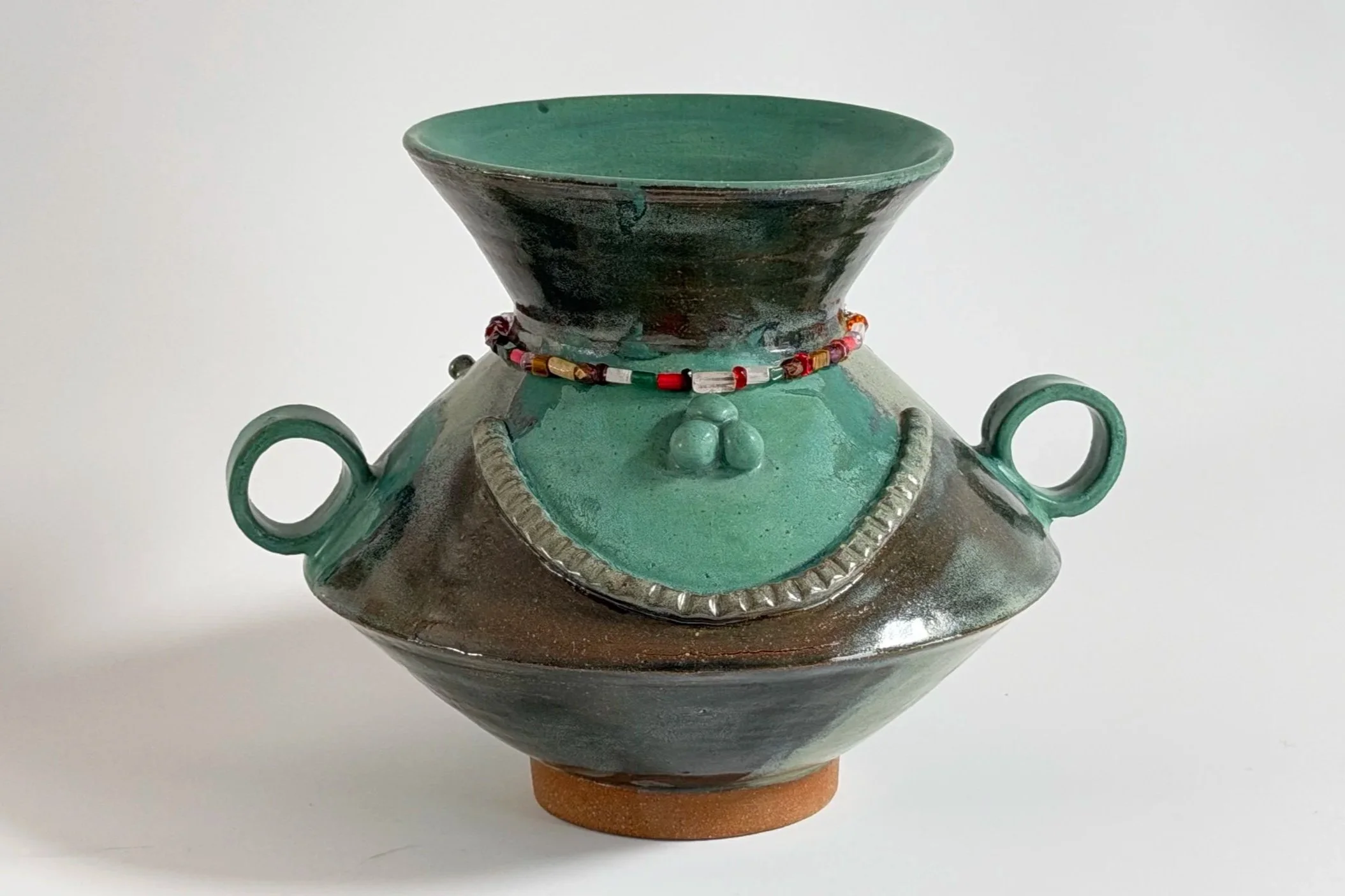 Mistress Adorned. 19x20x20 cm Mid fire clay, glaze and oxides. Wheel-thrown, joined and sprigged.