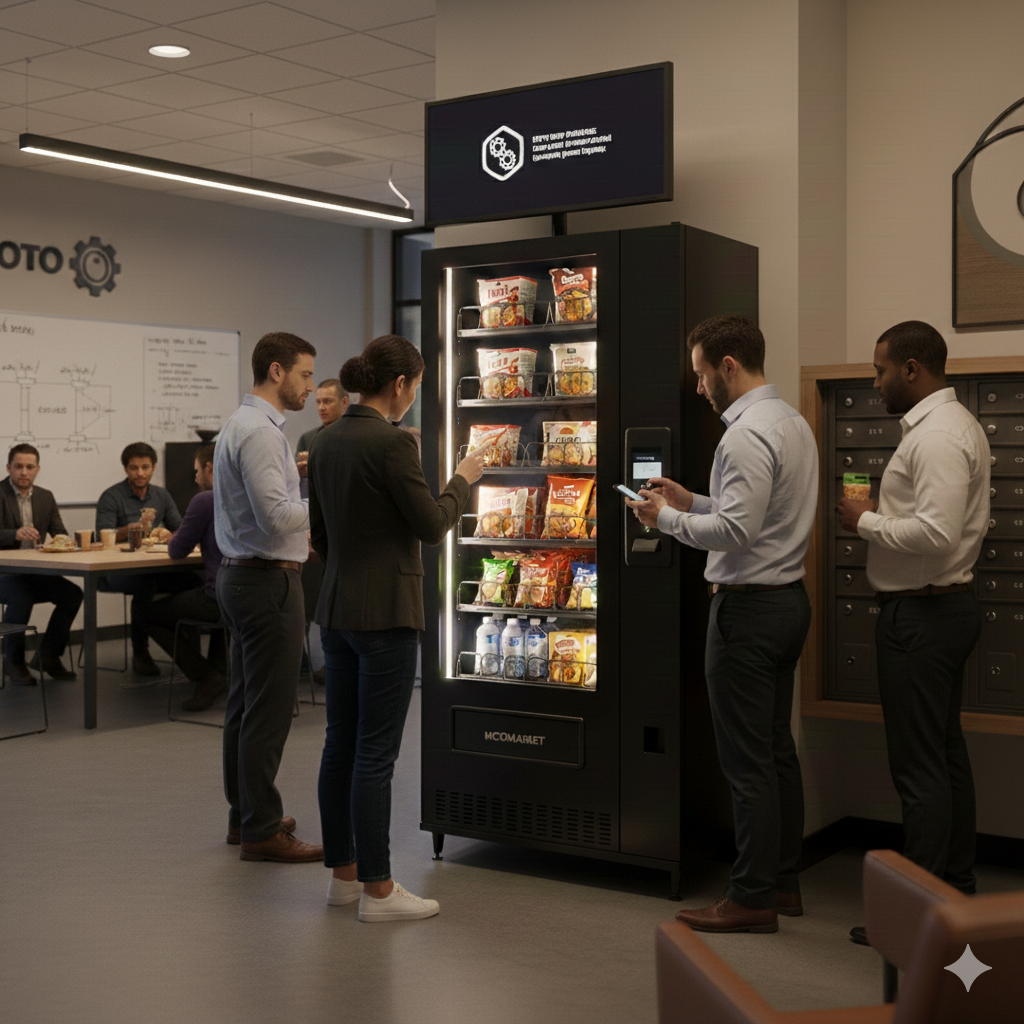 People using a vending machine in an office break room with colleagues sitting at tables in the background.