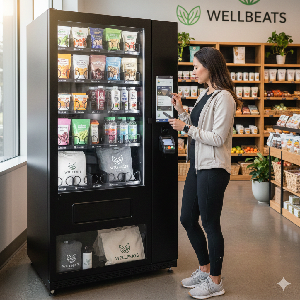 A woman selecting a wellness snack from a vending machine in a health food store, with shelves of products behind her and a 'WELLBEATS' sign on the wall.
