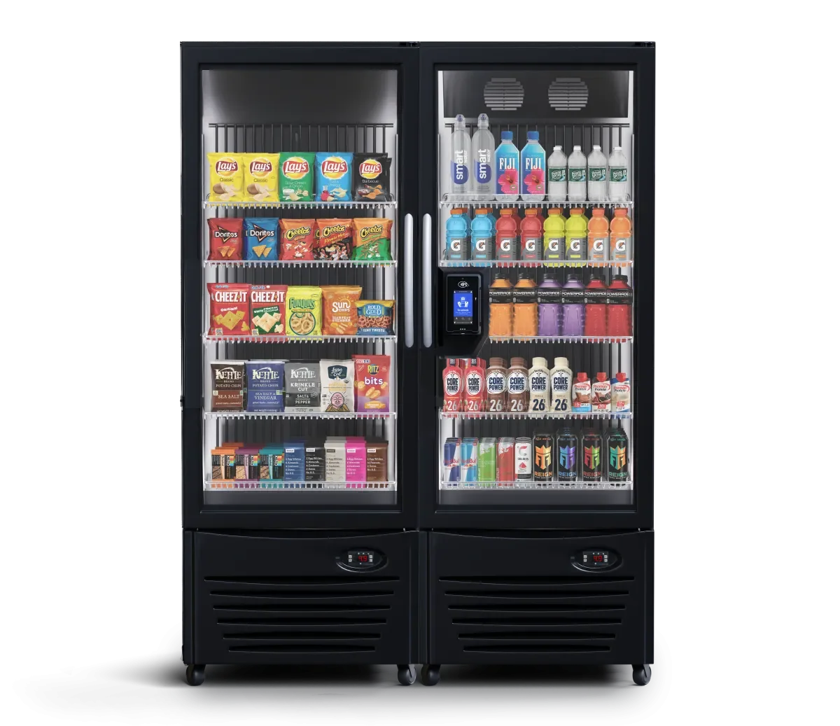 A refrigerated vending machine filled with snacks, beverages, and energy drinks, with a digital payment screen in the middle.