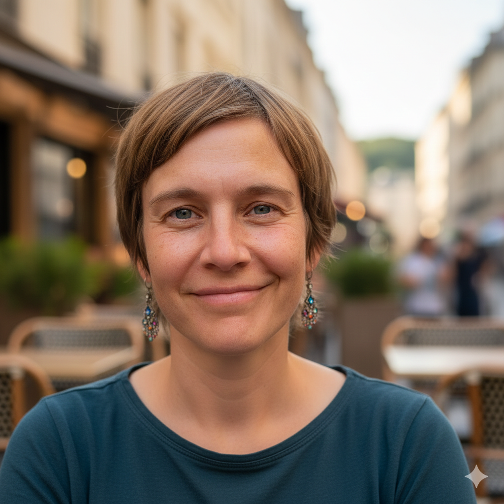 A smiling woman with short brown hair and blue eyes, wearing earrings and a dark blue shirt, sitting outdoors at a cafe or restaurant with blurred background of buildings and other people.