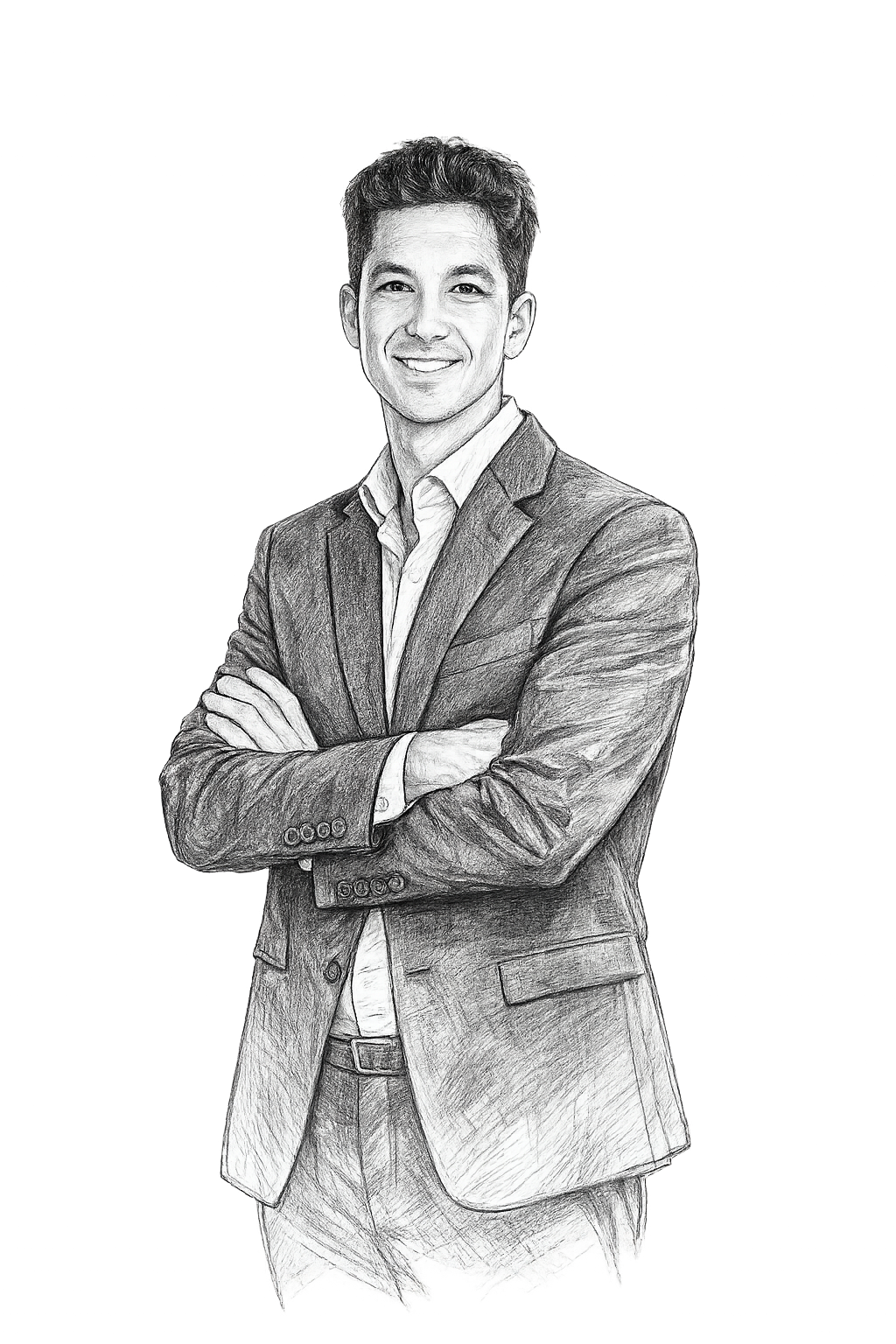 A black and white sketch of a man in a suit with his arms crossed, smiling, against a plain dark background.