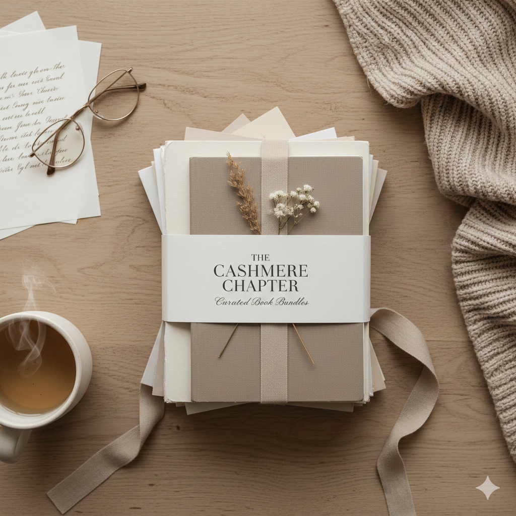 A bundle of books labeled 'The Cashmere Chapter Curated Book Bundle' with dried flowers on top, placed on a light wooden surface. Surrounding items include a pair of glasses, a cup of hot coffee, some handwritten notes, and a cozy knitted blanket.