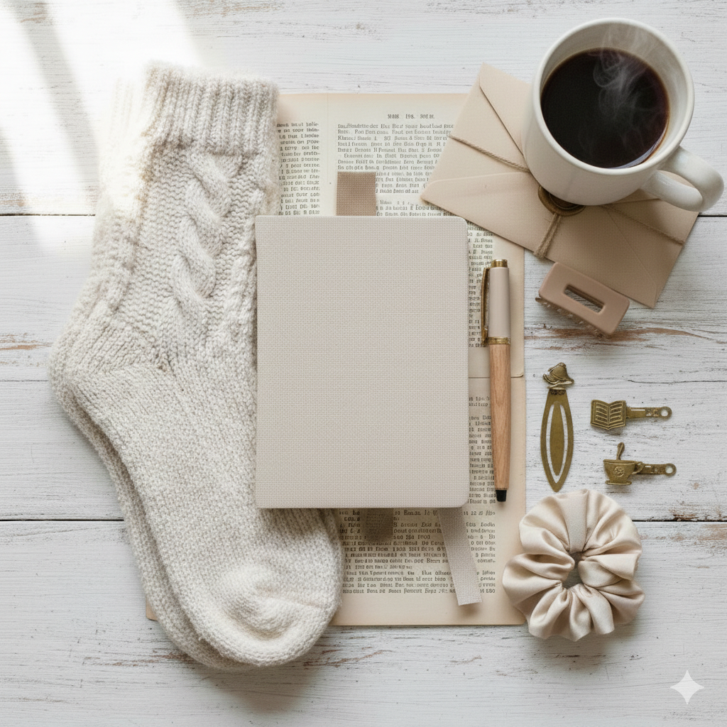 A cozy flat lay with a white knitted sock, a blank notebook, a gold pen, a cup of coffee on a wrapped parcel, three gold decorative clips, a beige scrunchie, and assorted papers on a white wooden surface.