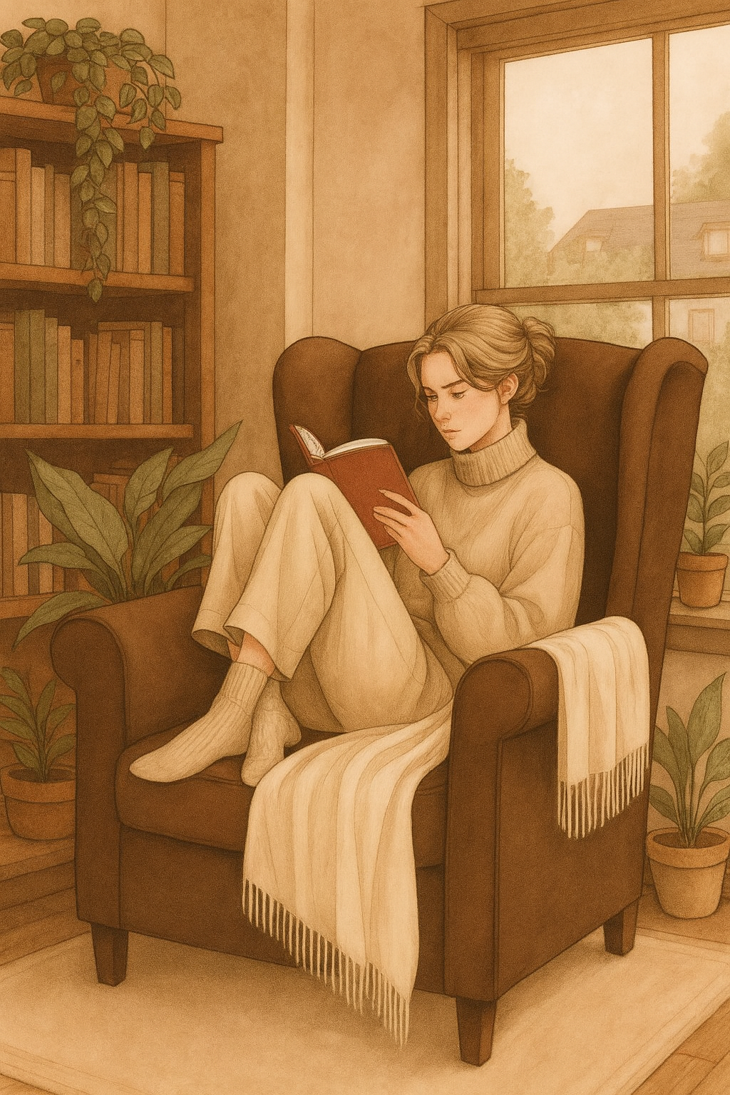 A woman with short hair sitting in a brown armchair by a window, reading a red book. She is dressed in a beige turtleneck and matching pants, with a cream-colored scarf hanging over the arm of the chair. The room is cozy with potted plants, a wooden bookshelf filled with books, and soft natural light coming through the window.