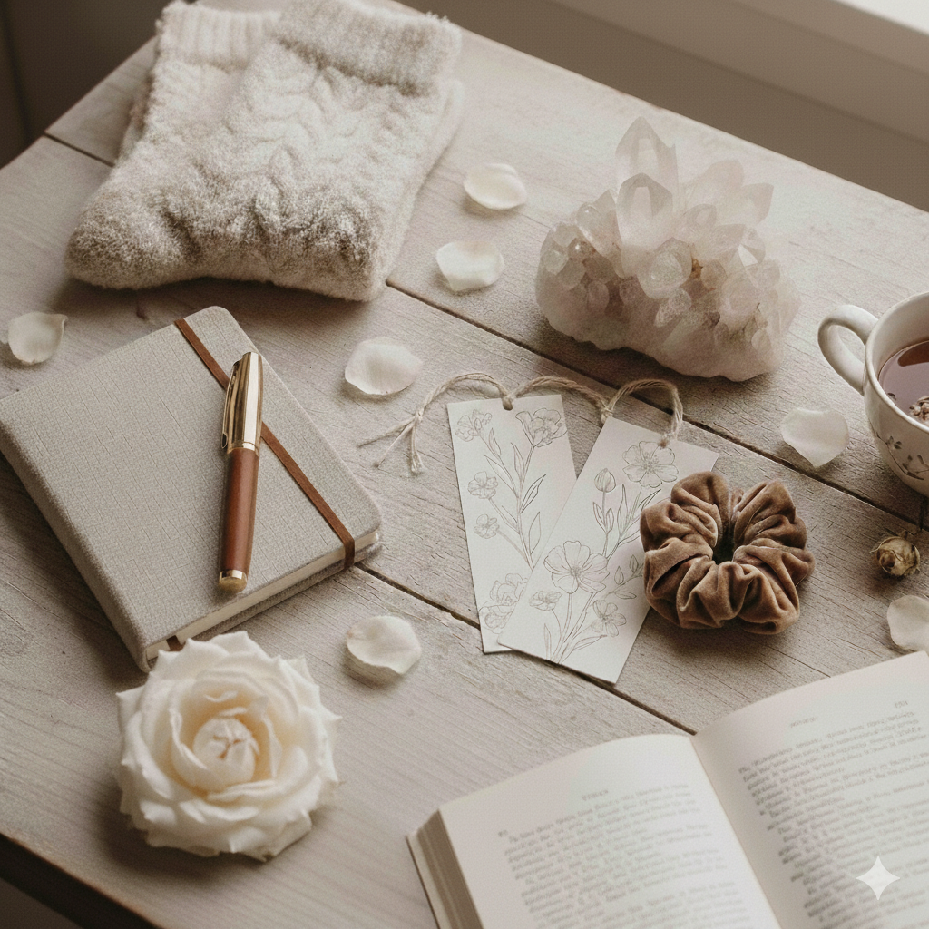 A flat lay of a cozy workspace or journaling setup with a closed notebook, a pen, a white rose, sketch cards with floral drawings, a scrunchie, a cup of tea, a large quartz crystal, an open book, a folded towel, and scattered rose petals on a light wooden surface.
