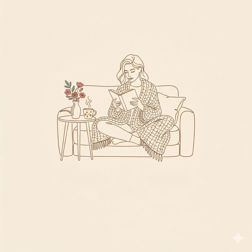 Line drawing of a woman sitting on a sofa, reading a book, with a blanket over her legs, next to a side table with a steaming cup and a small vase with flowers.