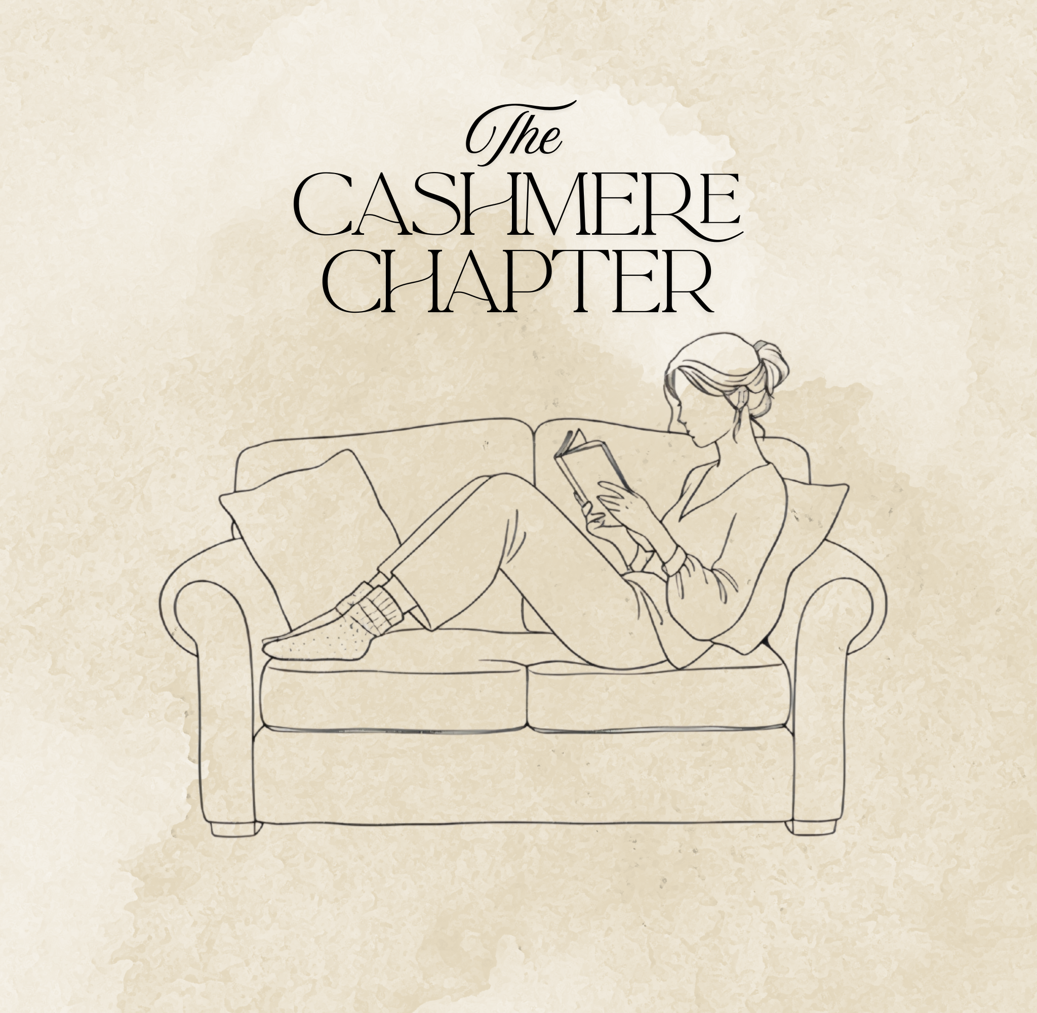 Line drawing of a woman sitting on a couch, reading a book, with the title 'The Cashmere Chapter' above her.