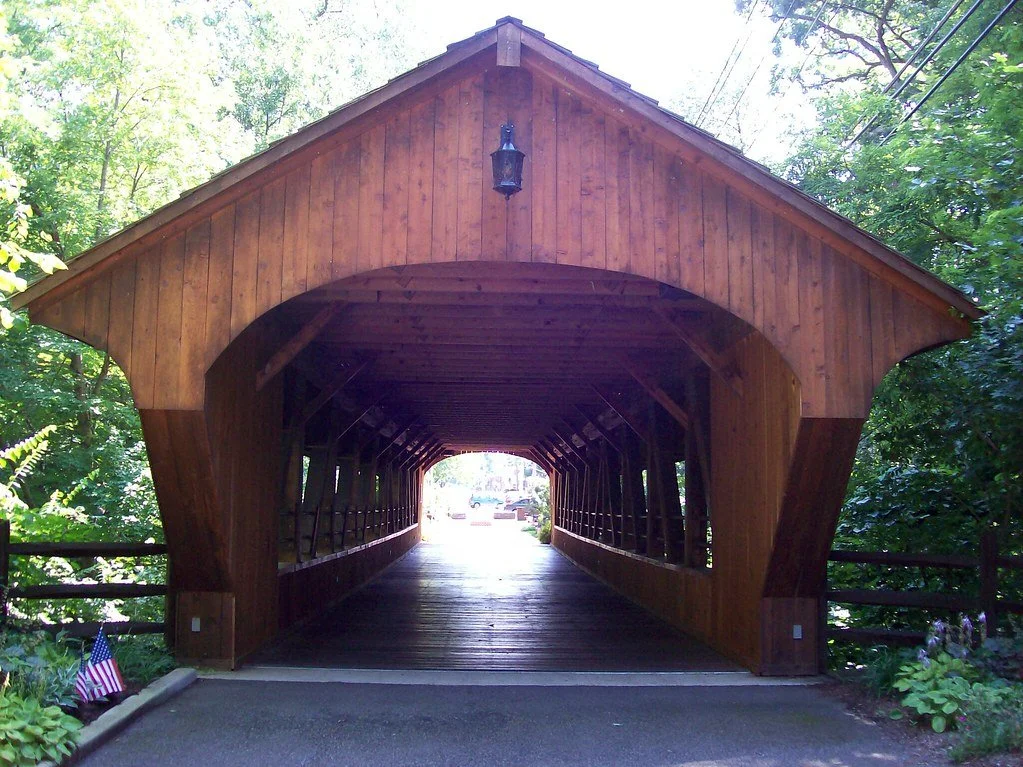 Wooden covered bridge in the Historic District in Olmsted Falls, OH
