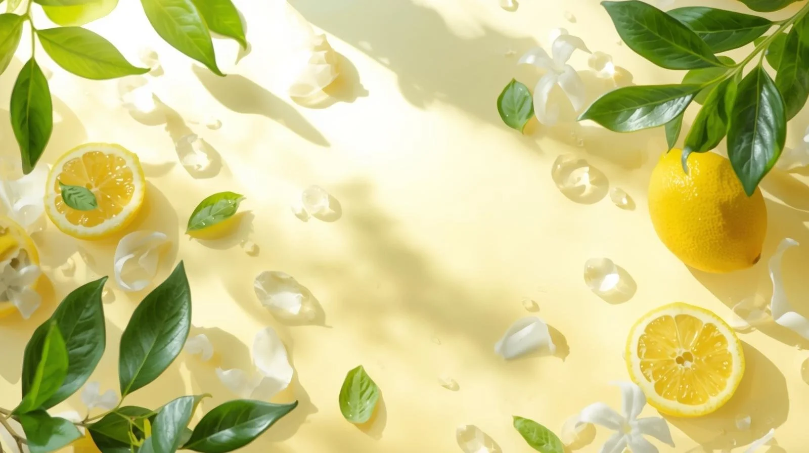 Yellow lemon, lemon slices, green leaves, and lemon blossoms on a yellow background with scattered white petals.