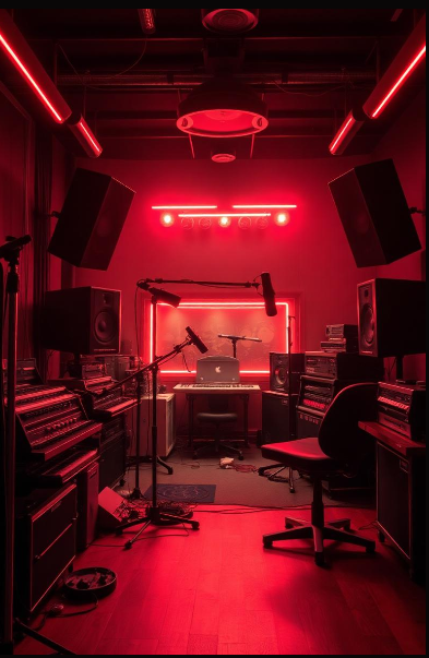 Recording studio with red neon lights, mixing consoles, speakers, microphone, and a central desk with a laptop and headphones.