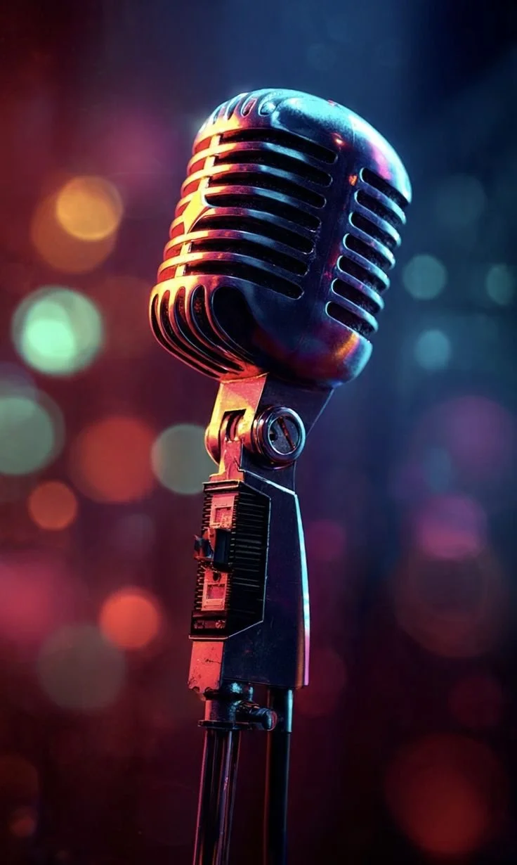 Close-up of a vintage microphone on a stand against a colorful blurred background, illuminated with vibrant stage lighting.