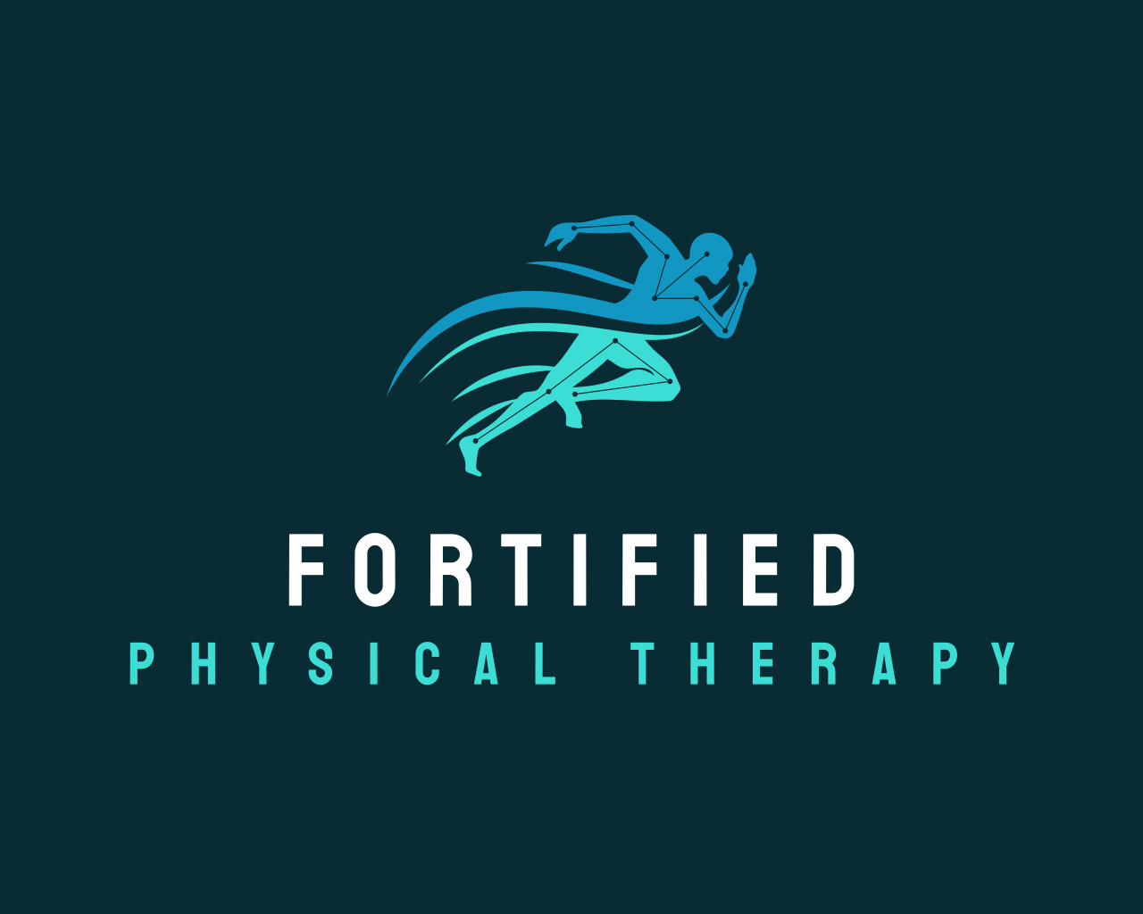 Logo for Fortified Physical Therapy featuring a stylized running person with movement lines, in shades of blue, on a dark background.