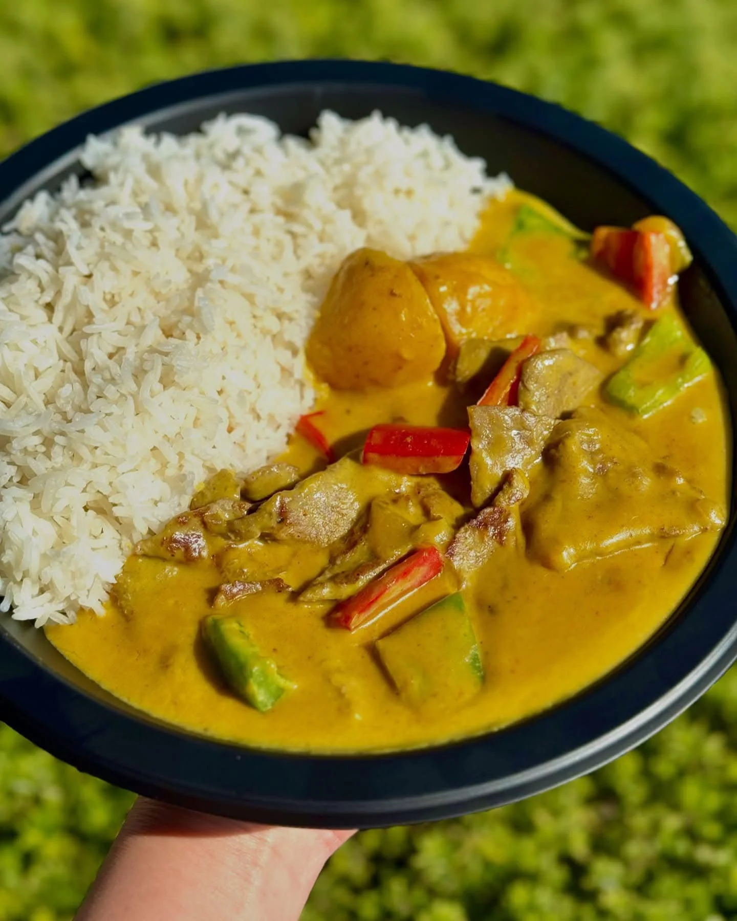 A bowl of white rice and chicken curry with vegetables, served outdoors on a sunny day.