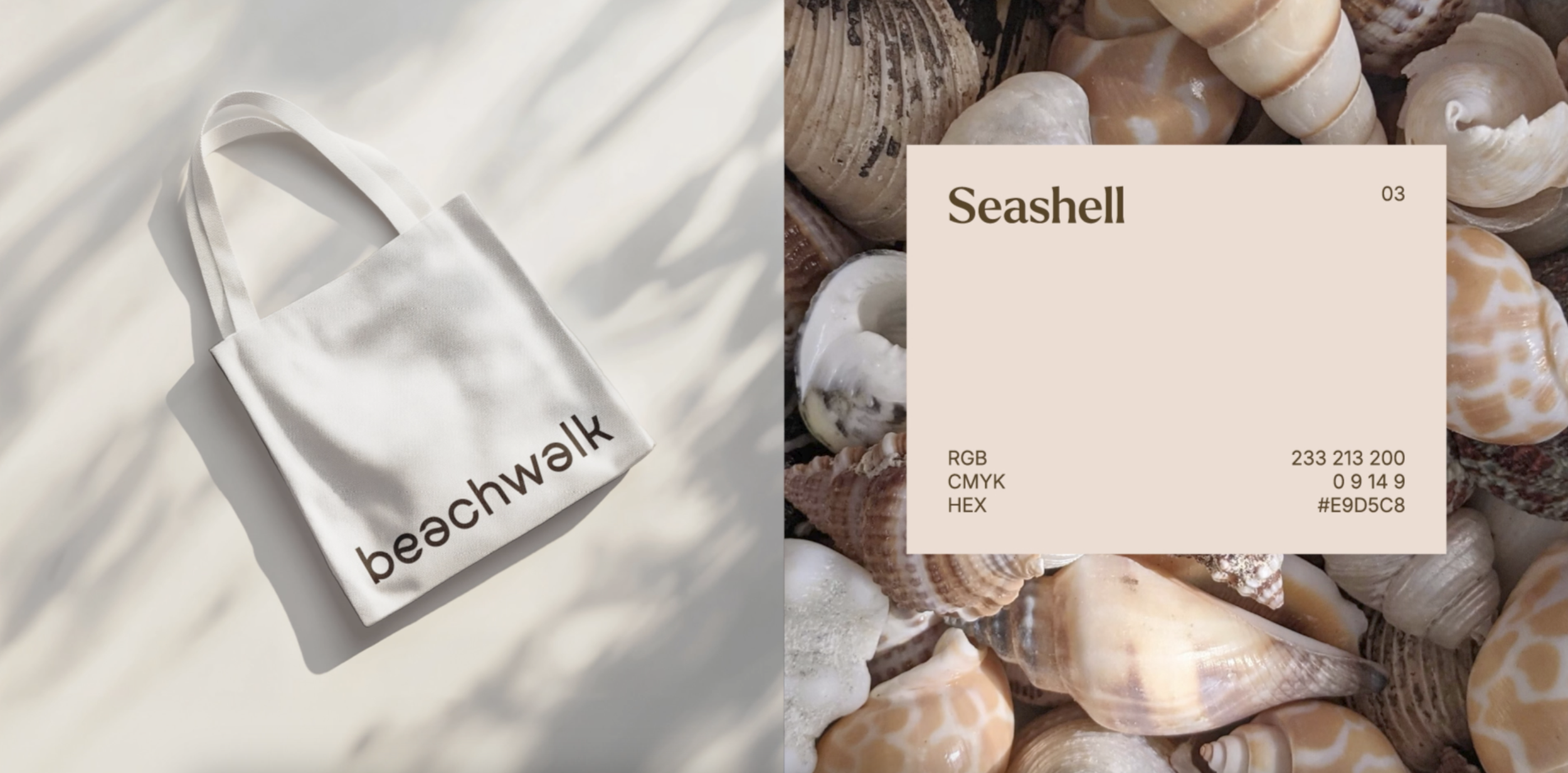 A white tote bag with the word 'beachwalk' printed on it in lowercase letters, placed on a cream-colored fabric surface. The right side of the image shows a close-up of various seashells with a beige color palette and a beige color swatch labeled 'Se