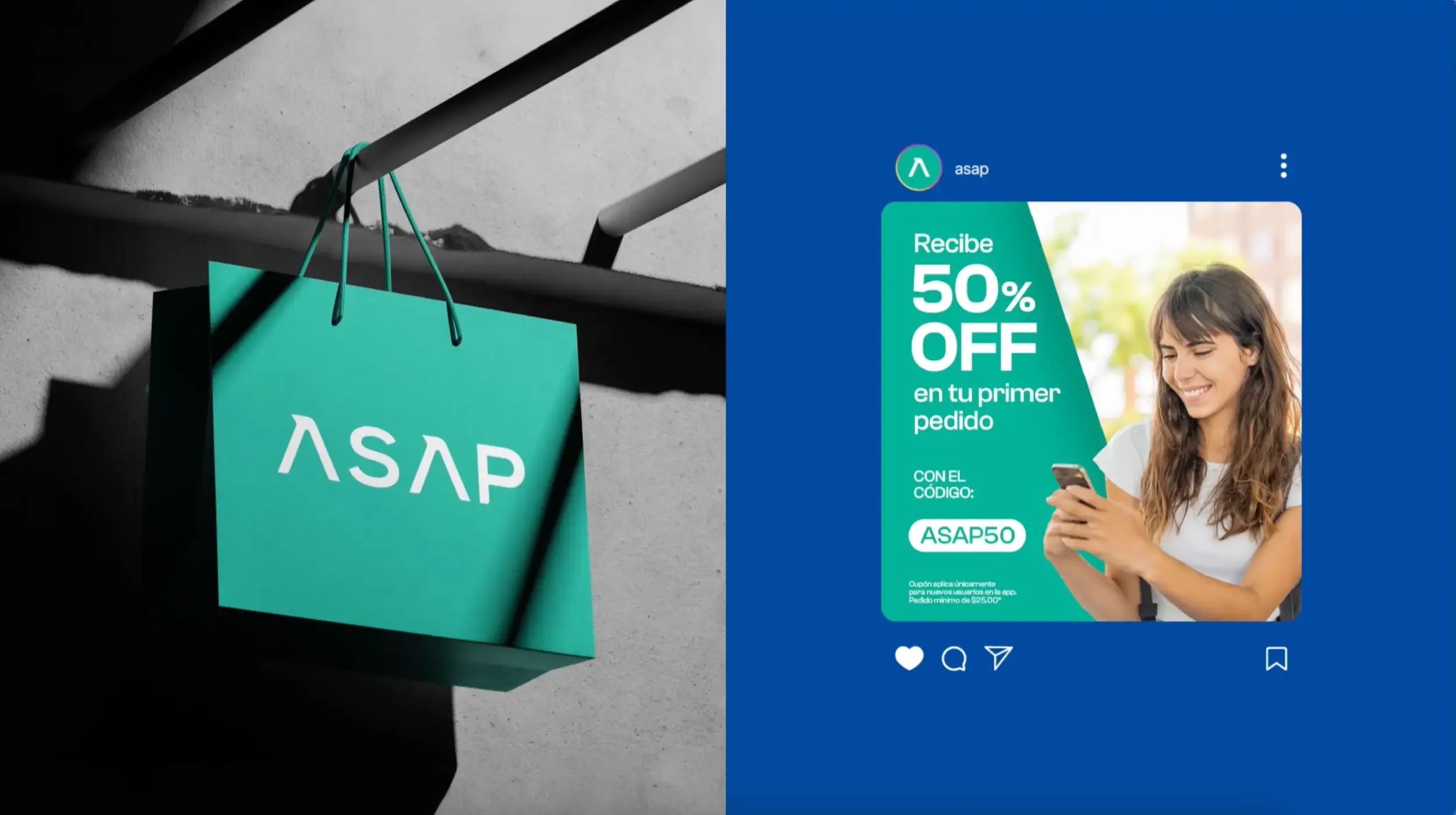 Turquoise paper shopping bag mockup with ASAP Delivery logo and Instagram social media ad design for ASAP delivery by Firma Brandt in Panama.