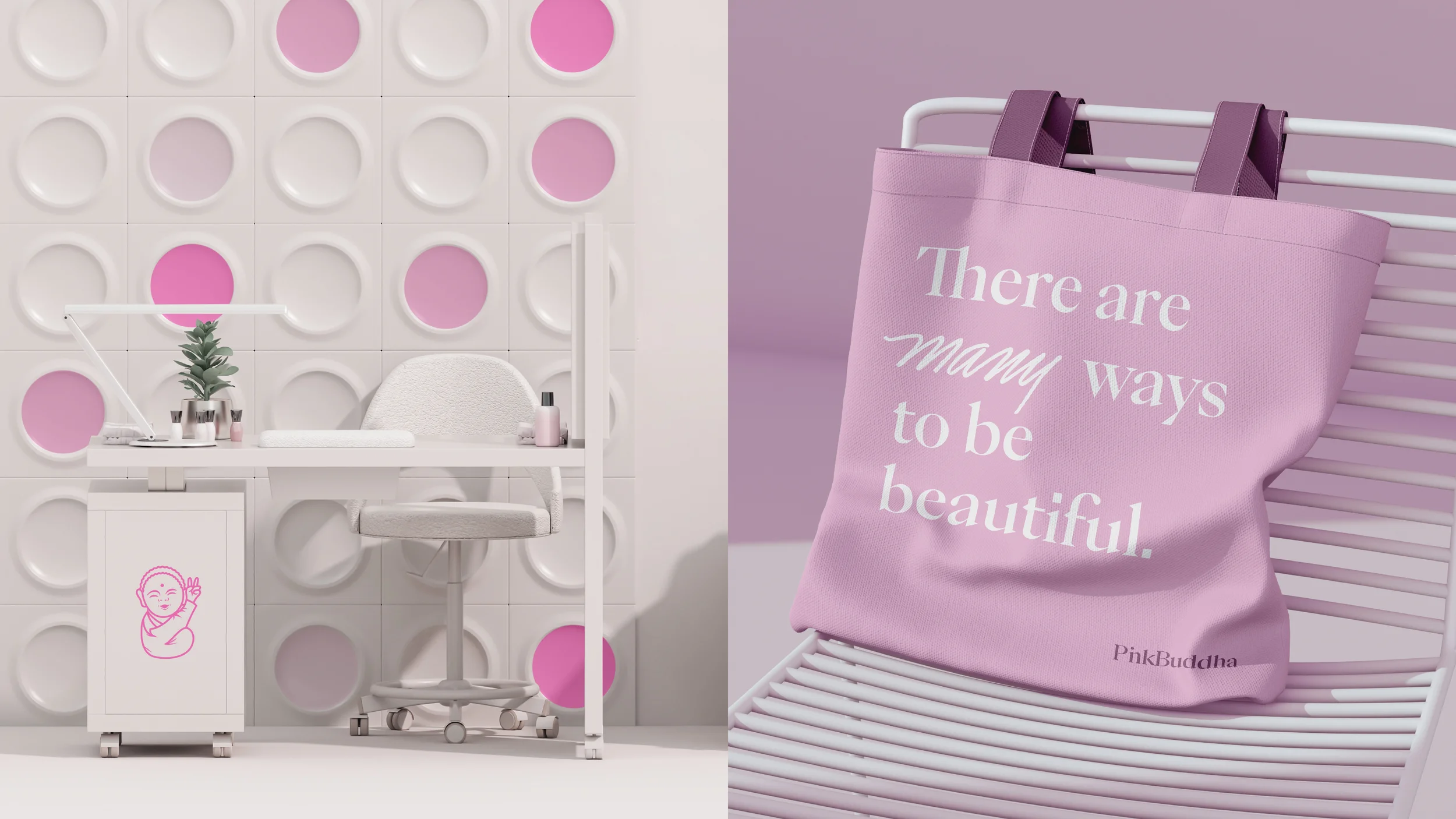 A white desk and chair in a room with a wall decorated with pink and white circular patterns. The desk has a small green plant, a desk lamp, and bottles of nail polish. A pink tote bag with white text saying 'There are many ways to be beautiful.' han