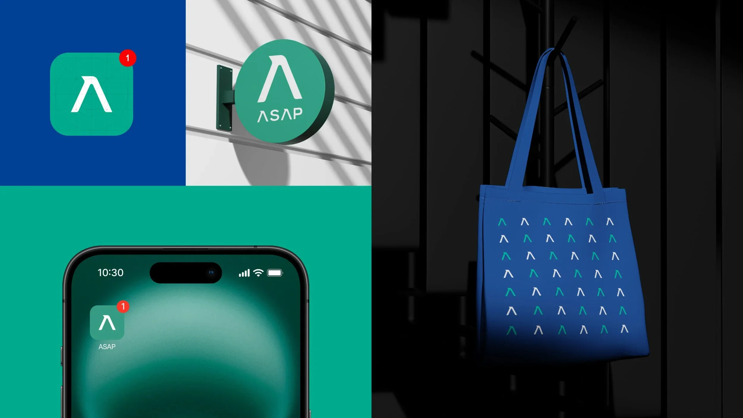 Brand touchpoints for ASAP delivery including mobile app icon, circular street signage, and a blue patterned tote bag by Brandt. a branding agency in Panama.