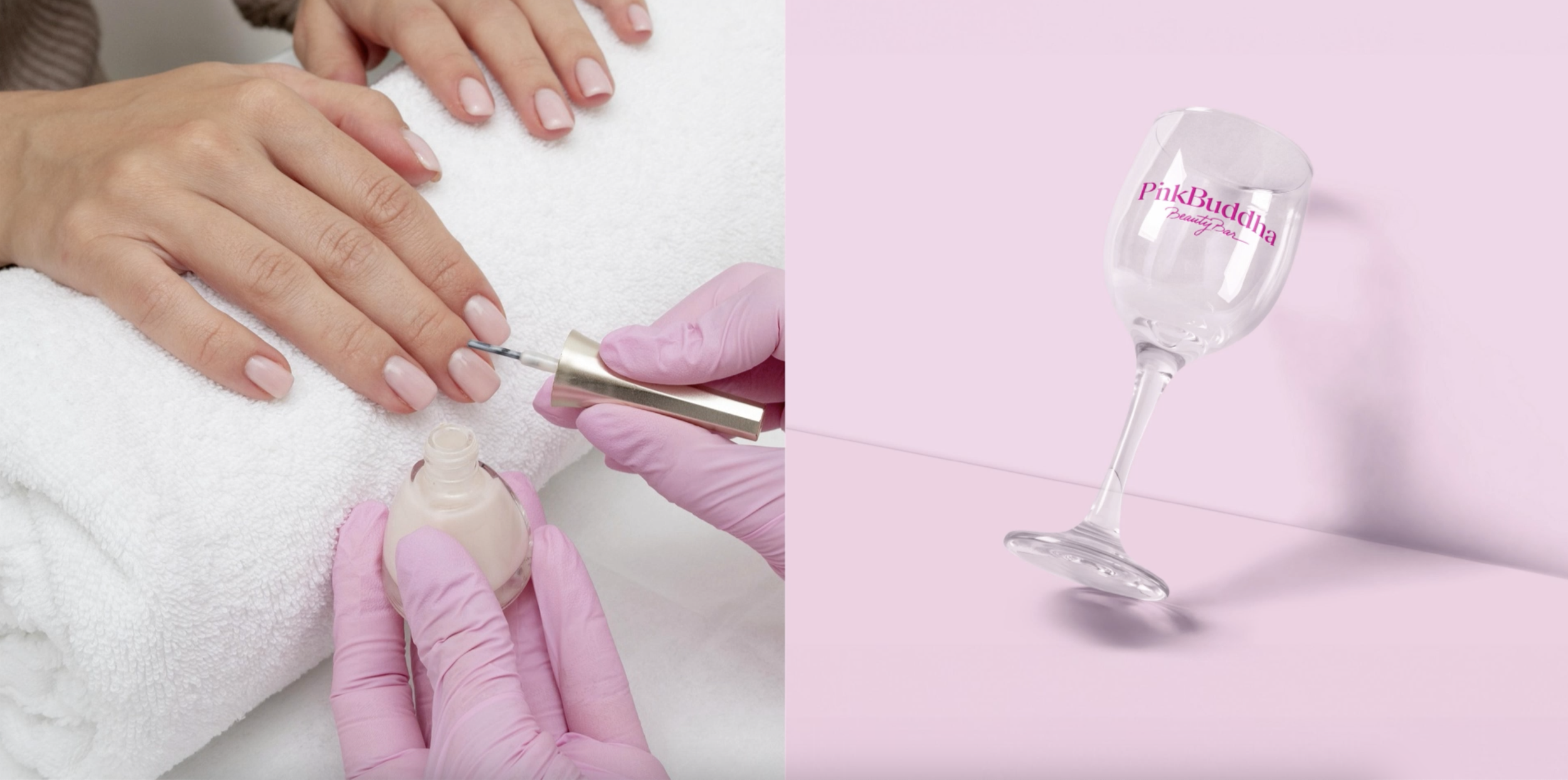 Custom brand photography showcasing nail salon manicure services and branded glassware for Pink Buddha Beauty Bar, design by luxury branding and communication agency Brandt in Panama City.
