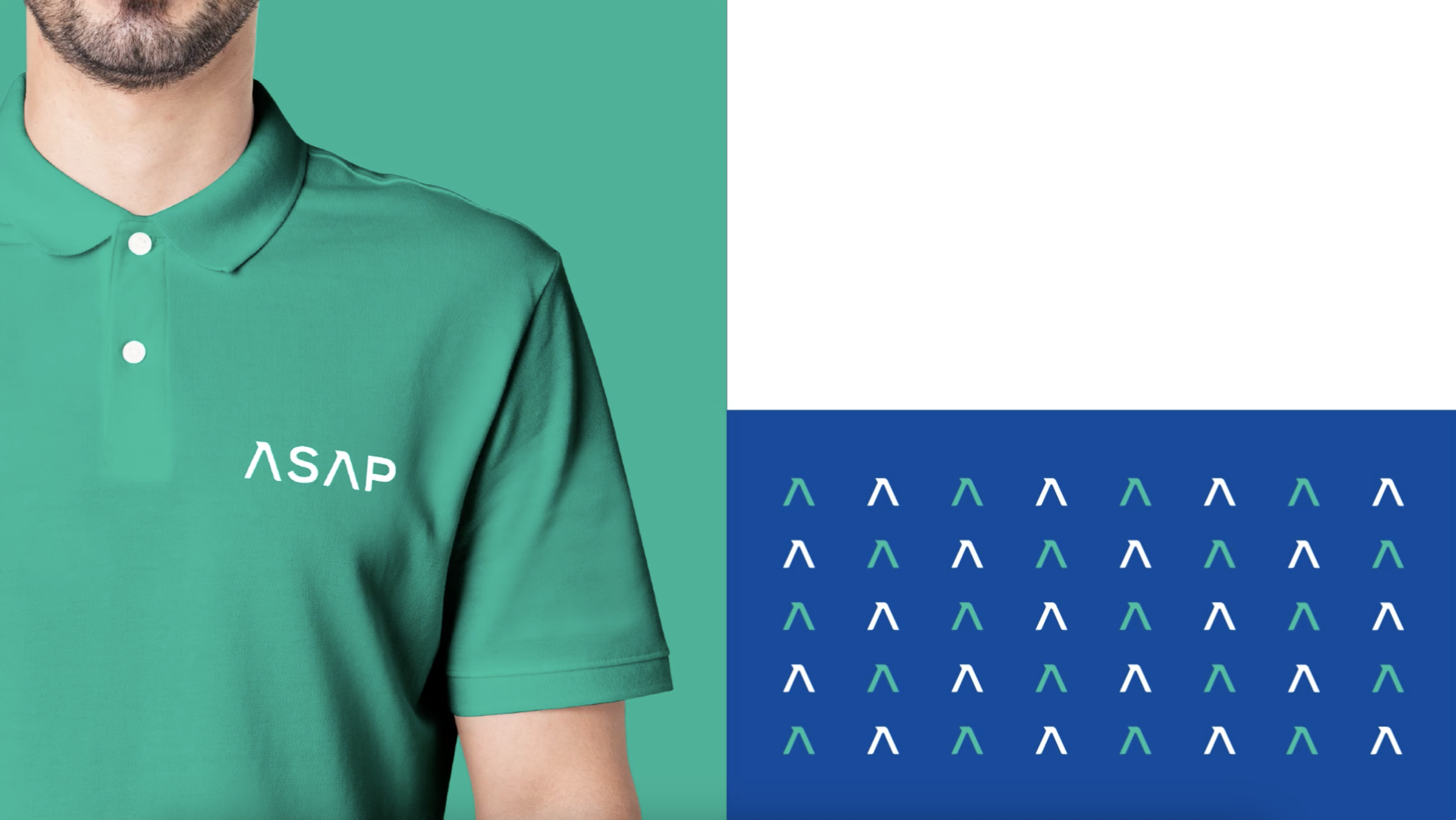Close-up of a person wearing a teal ASAPP polo shirt with part of their face and arm visible, set against a teal background with a pattern of white and teal arrows.