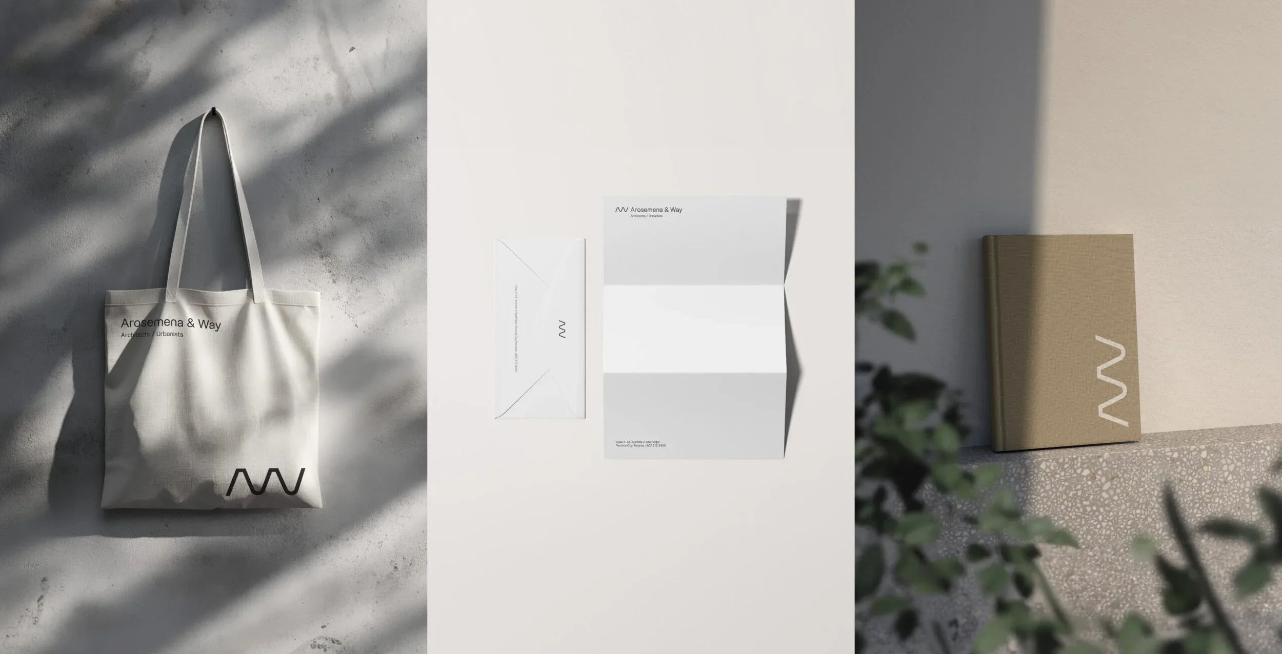 Corporate stationery design suite including tote bag, letterhead and book cover designed by Firma Brandt in Panama.