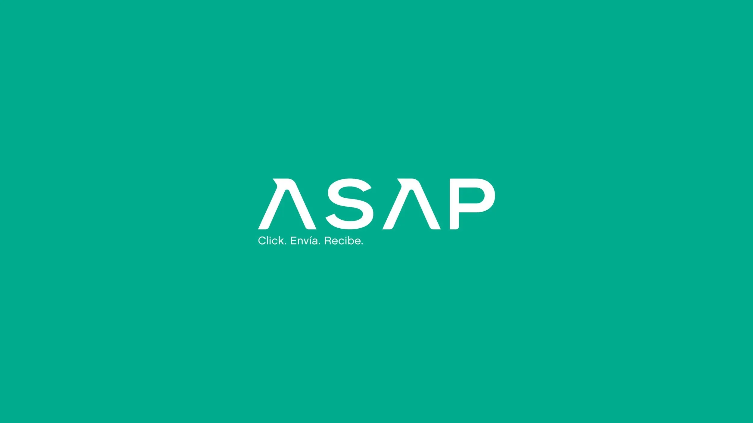 Logo design for ASAP delivery app with the tagline Click. Envia. Recibe. on a turquoise background created by Brandt, branding marketing agency in Panama.