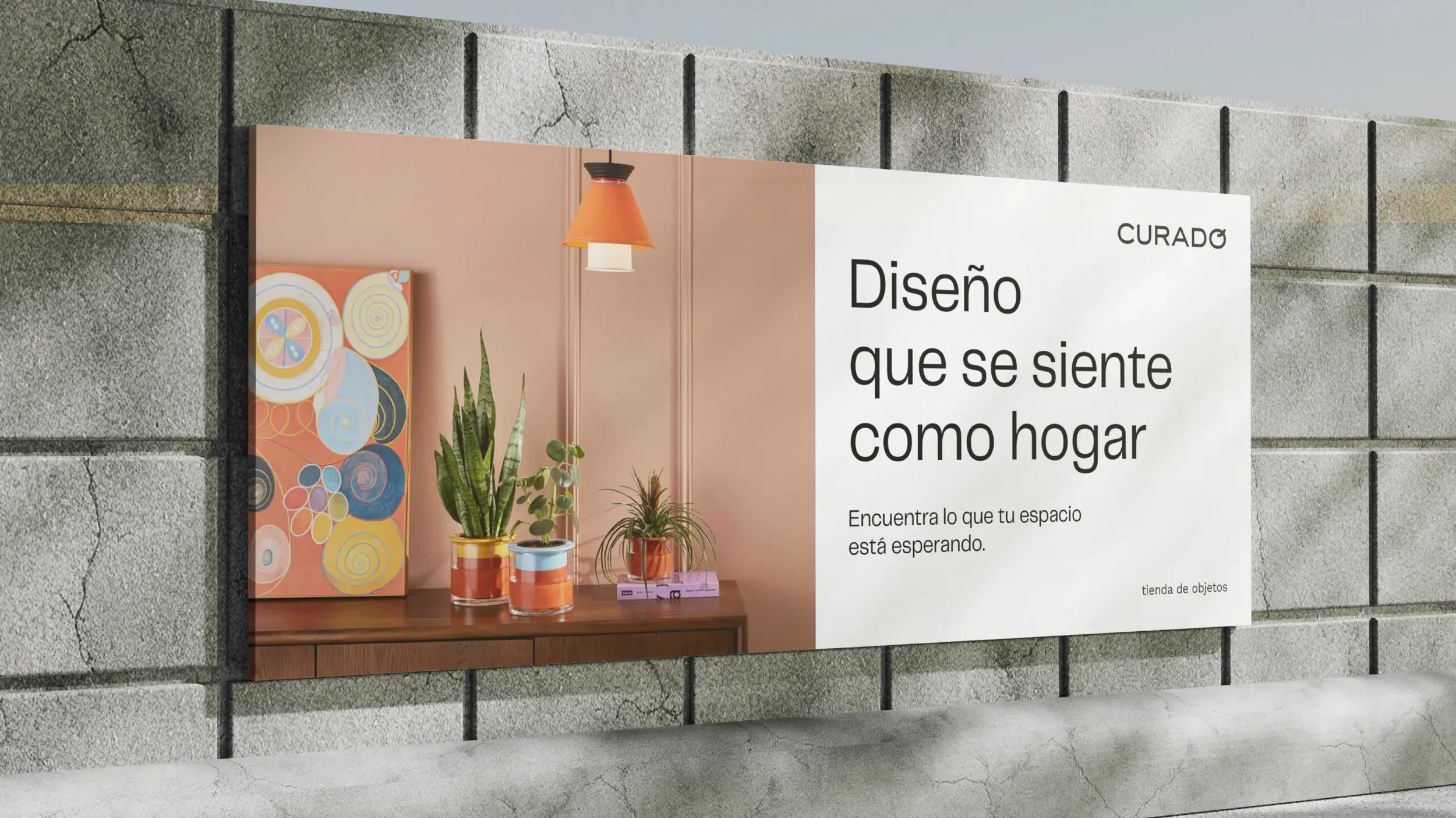 Large outdoor wall billboard mockup showcasing a Curado Shop interior design advertisement banner, conceptualized and executed by Brandt branding and communication agency in Panama City, Panama.