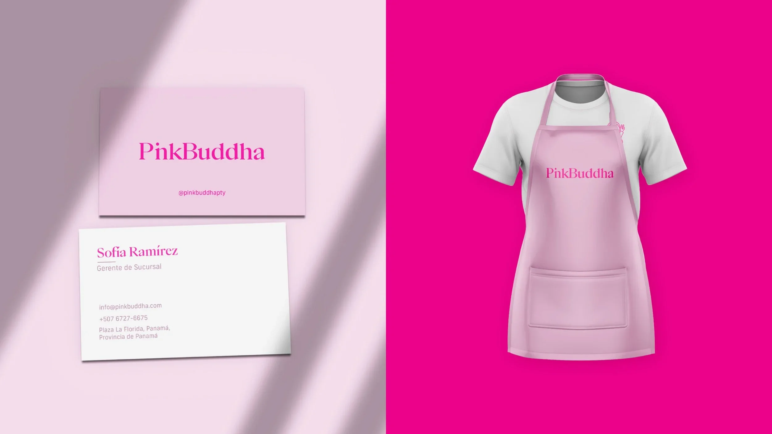 Brand design collateral including business cards and staff uniform apron for Pink Buddha Beauty Bar by Firma Brandt, a leading branding agency in Panama.