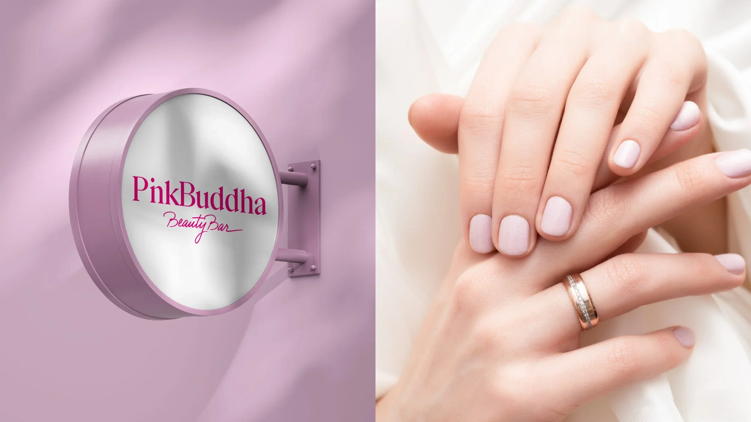 3D circular outdoor signage mockup and nail care brand photography for Pink Buddha Beauty Bar created by branding and marketing agency Firma Brandt in Panama.