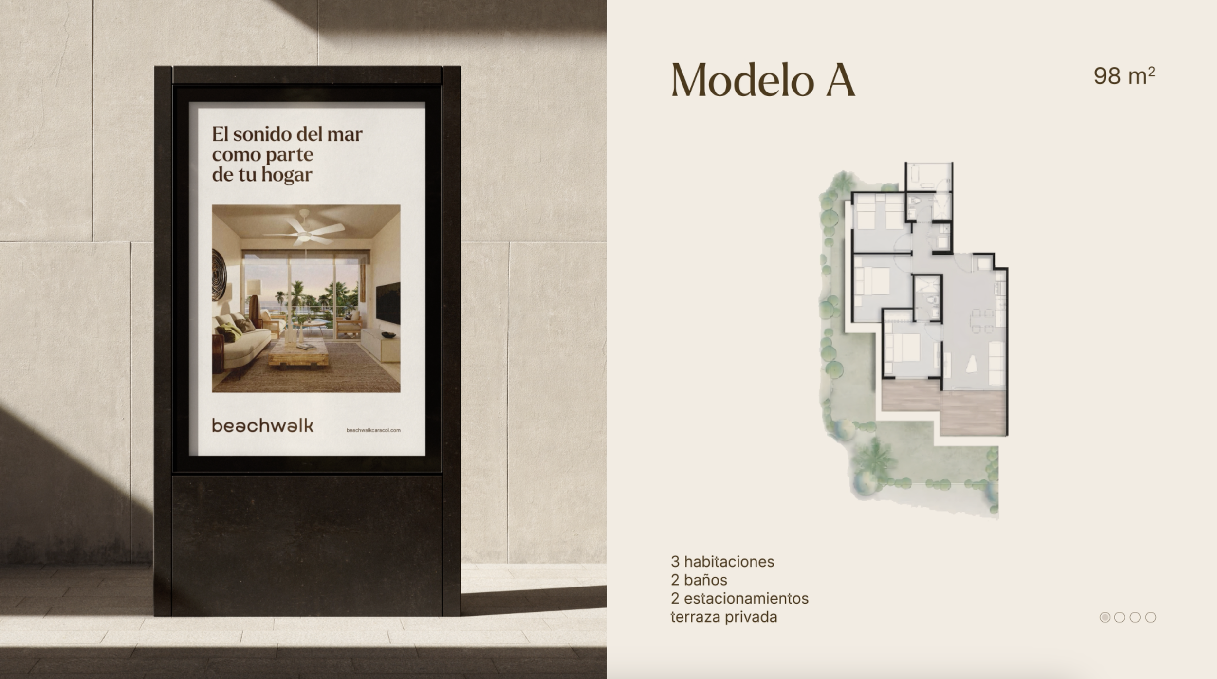 A digital advertisement for a living space called Modelo A, featuring a floor plan and interior photo of a living room with large windows overlooking a balcony. The text indicates the apartment has three bedrooms, two bathrooms, two parking spaces, a