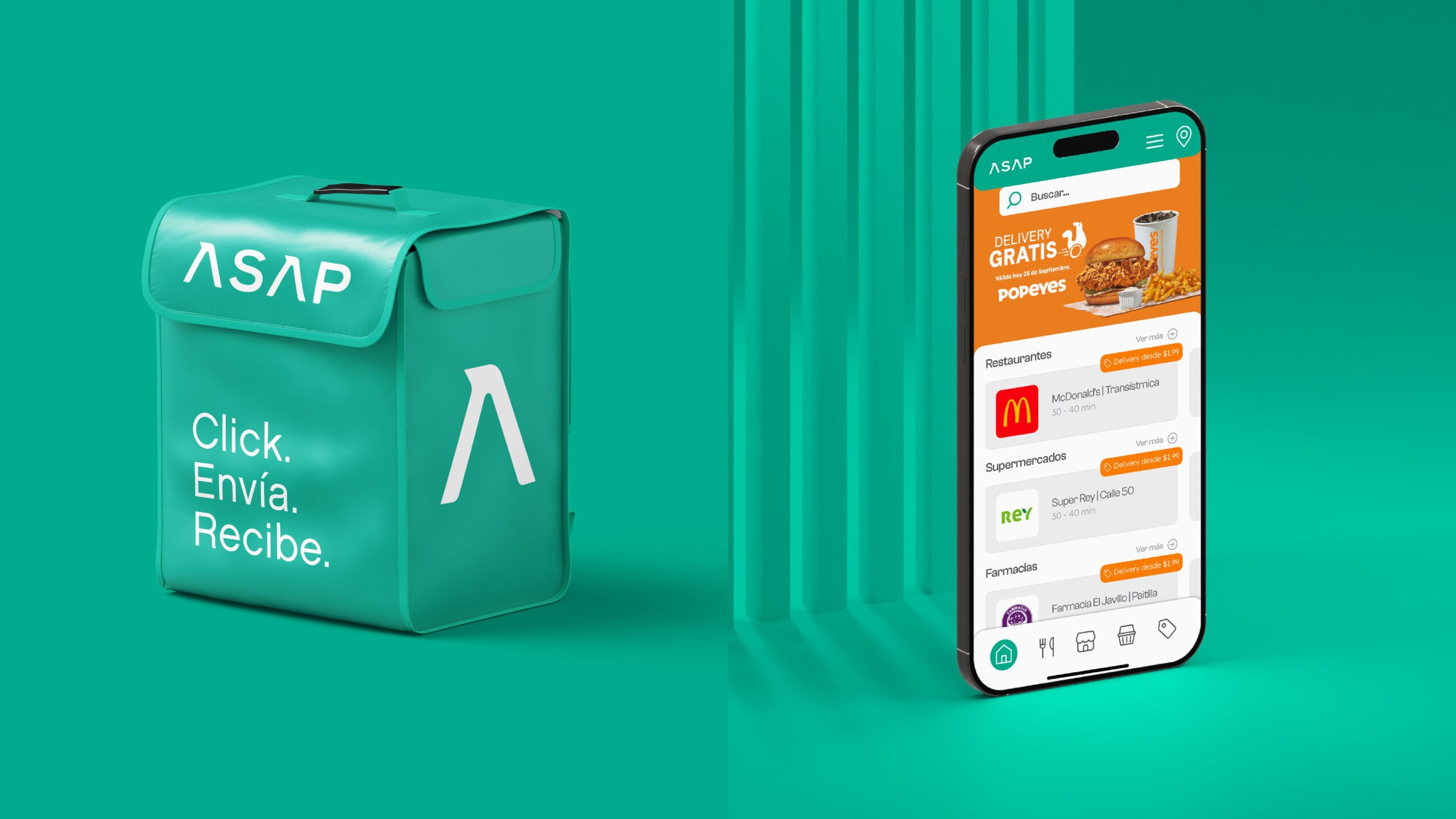 A teal delivery box with the words 'Click. Envia. Recibe.' printed on it and the ASAP logo, positioned next to a smartphone displaying a food delivery app interface in Spanish, showing various restaurant options and delivery promotions.