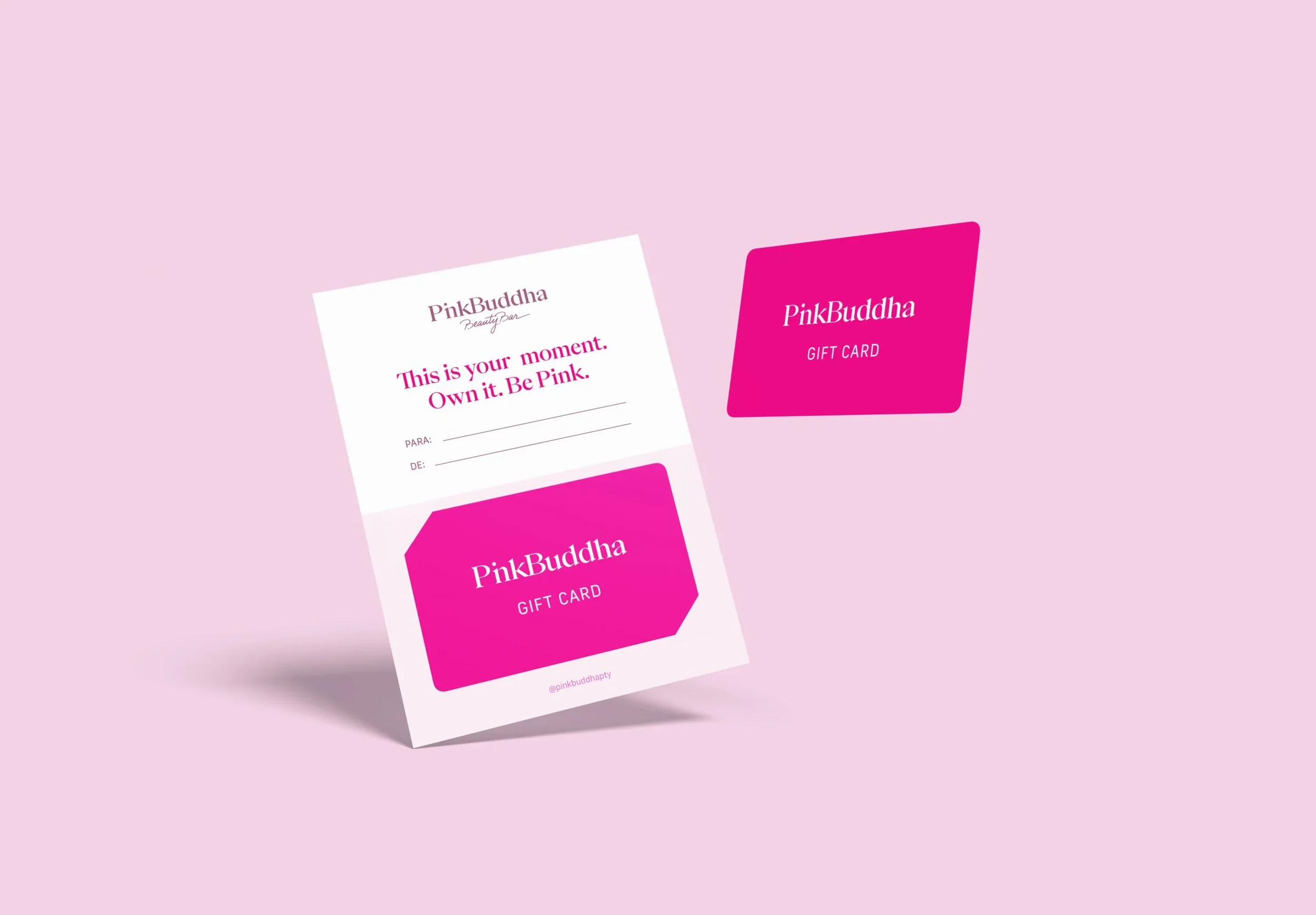 Luxury gift card packaging and custom print stationery designed for Pink Buddha Beauty Bar by branding and marketing agency Brandt in Panama.