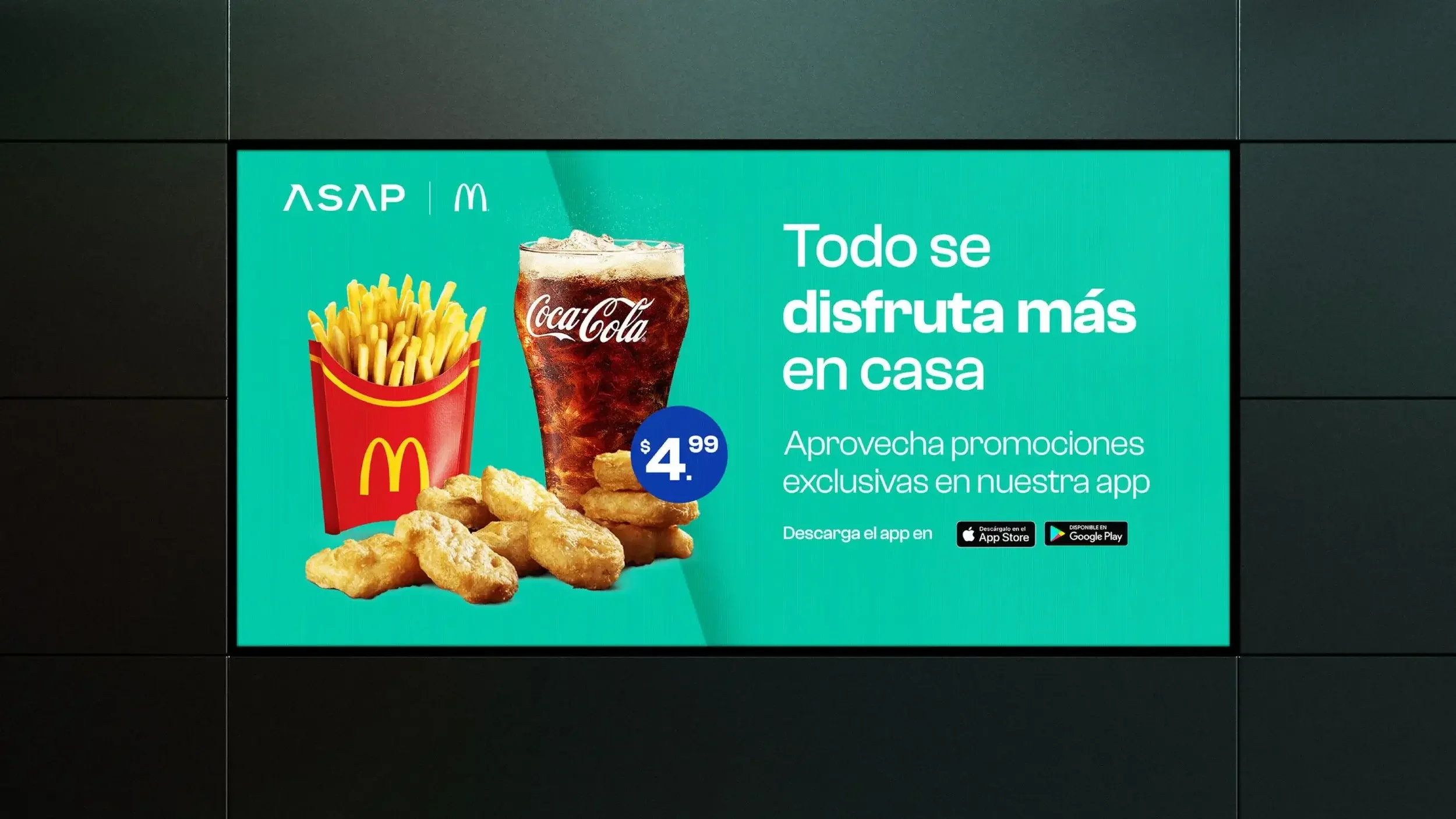 Digital billboard advertising design for ASAP delivery app featuring a McDonald's partnership, created by Brandt, a branding and communication agency.