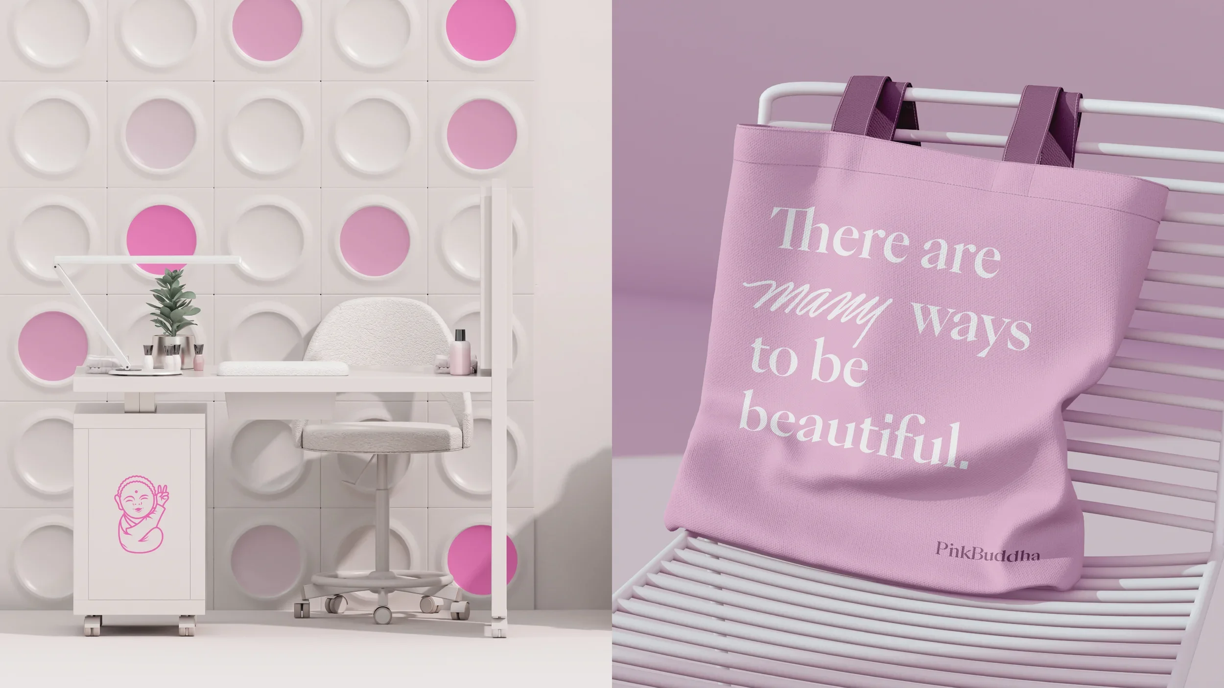 Salon interior architecture, custom manicure station, and printed tote bag design for Pink Buddha Beauty Bar by branding and marketing agency, Brandt.