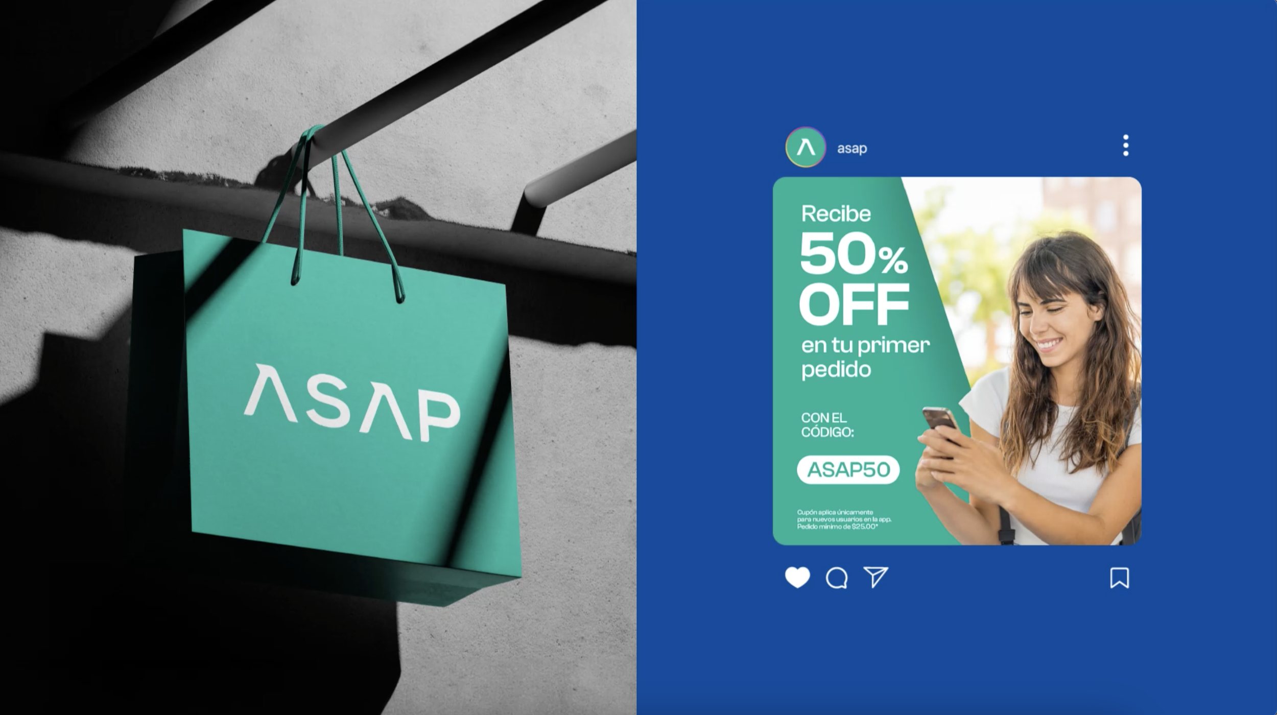 A teal shopping bag with the logo 'ASAP' hanging from a black bar against a plain wall on the left side. The right side shows a digital advertisement promoting a 50% discount code 'ASAP50' for first orders, featuring a smiling woman looking at her ph