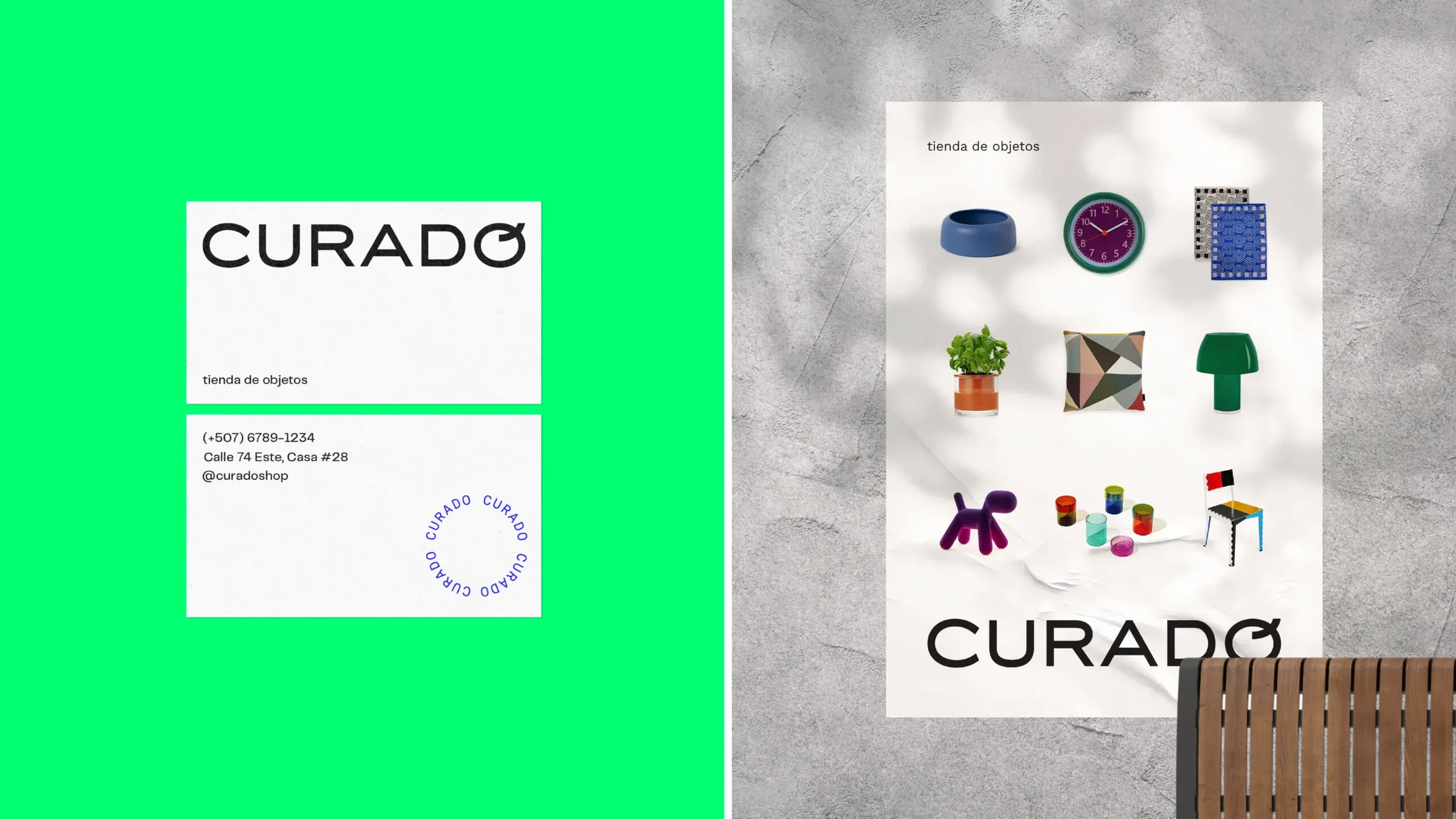 Curado Shop corporate business cards displayed on a bright green background next to a minimalist home decor product poster layout, designed by Brandt branding and communication firm in Panama City, Panama.