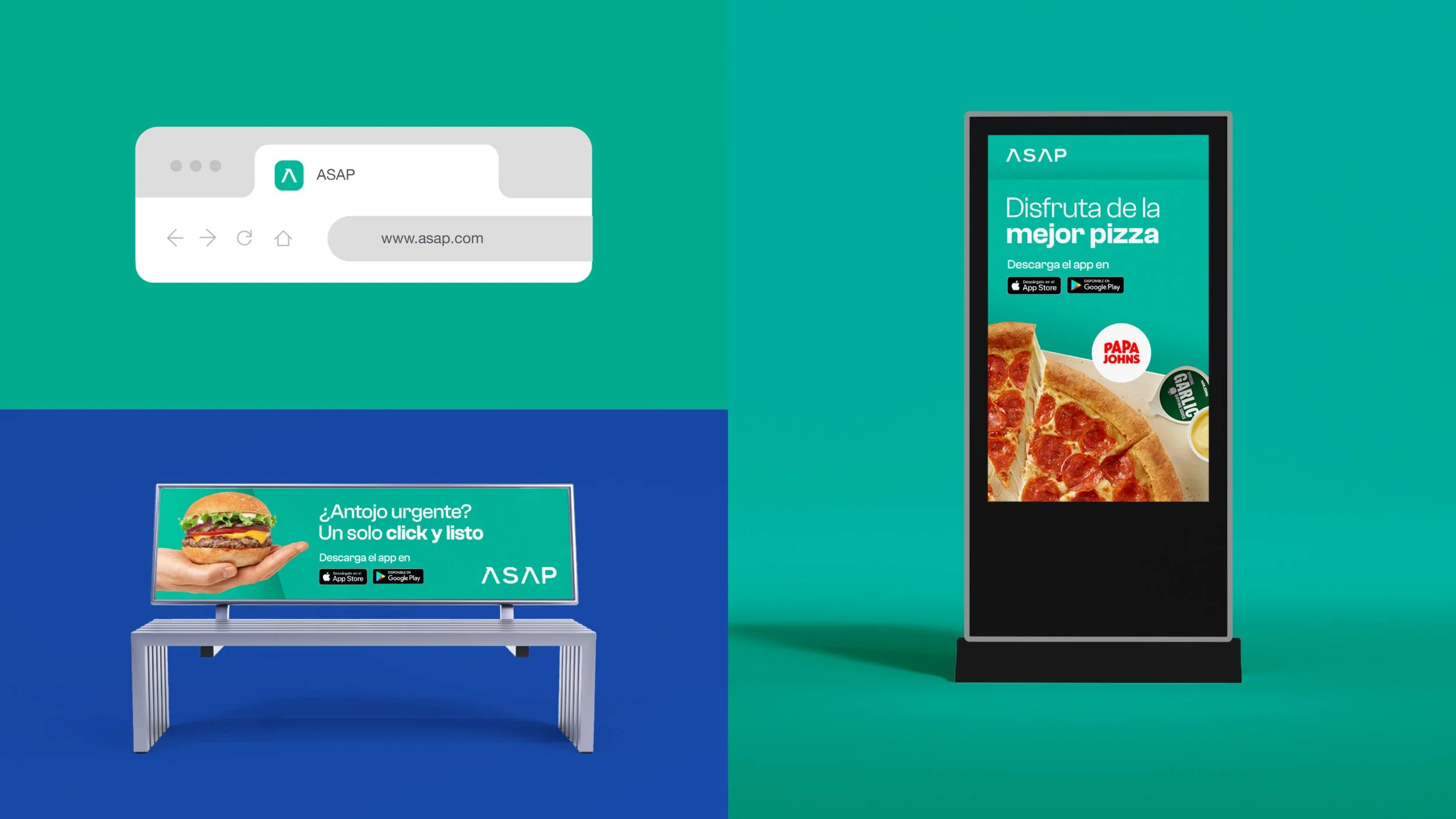 Digital advertisements for food delivery app showcases pizza, burger, and the app interface on a phone and a monitor.