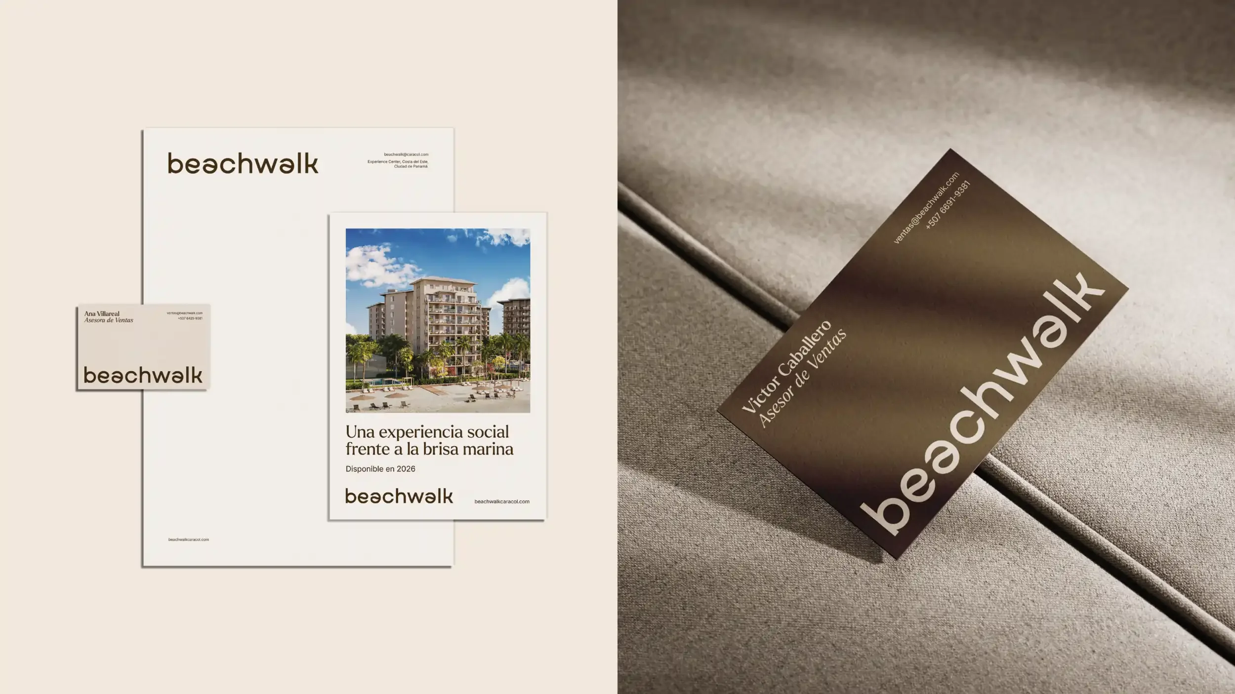 Beachwalk real estate branding, stationary system and business cards, created by Brandt branding agency in Panama.
