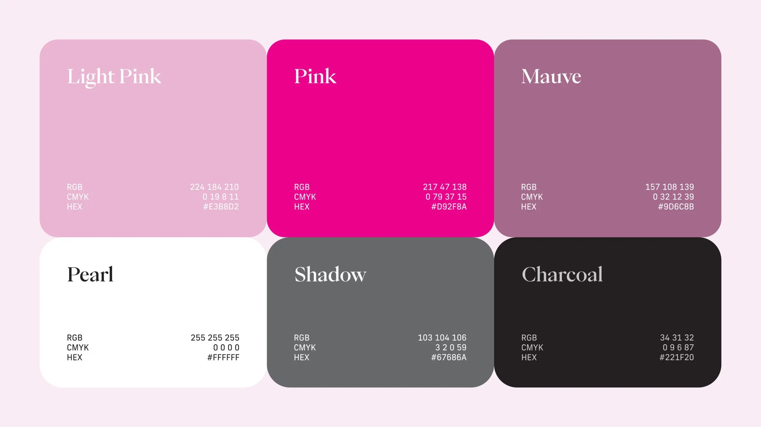 Brand design color palette and brand identity guidelines displaying HEX and CMYK codes for Pink Buddha Beauty Bar, designed by the branding agency in Panama called Brandt.