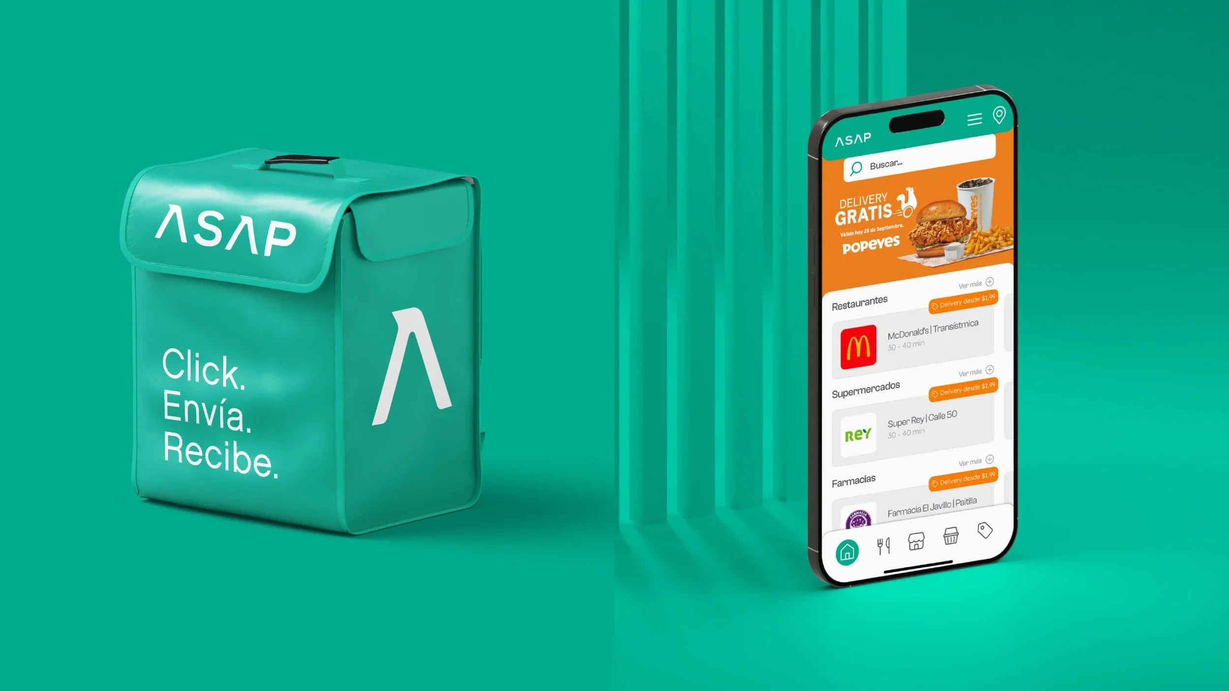 Turquoise delivery backpack and mobile app UI / UX design mockup for ASAP food delivery app designed by Brandt, a branding and web design agency in Panama.
