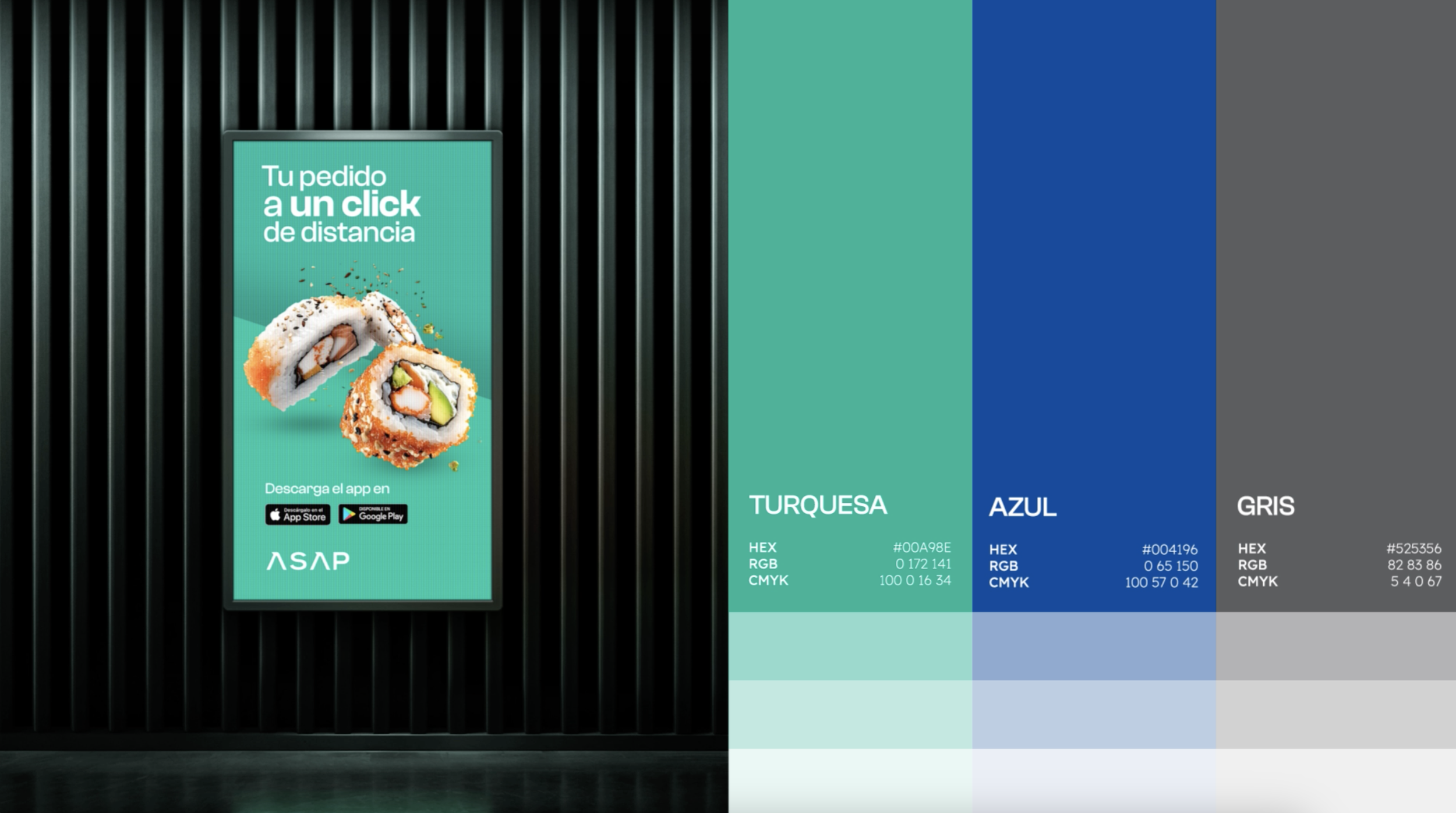 A digital ad featuring sushi rolls and text promoting a food delivery app, with color swatches in turquoise, blue, and gray labeled with color codes.