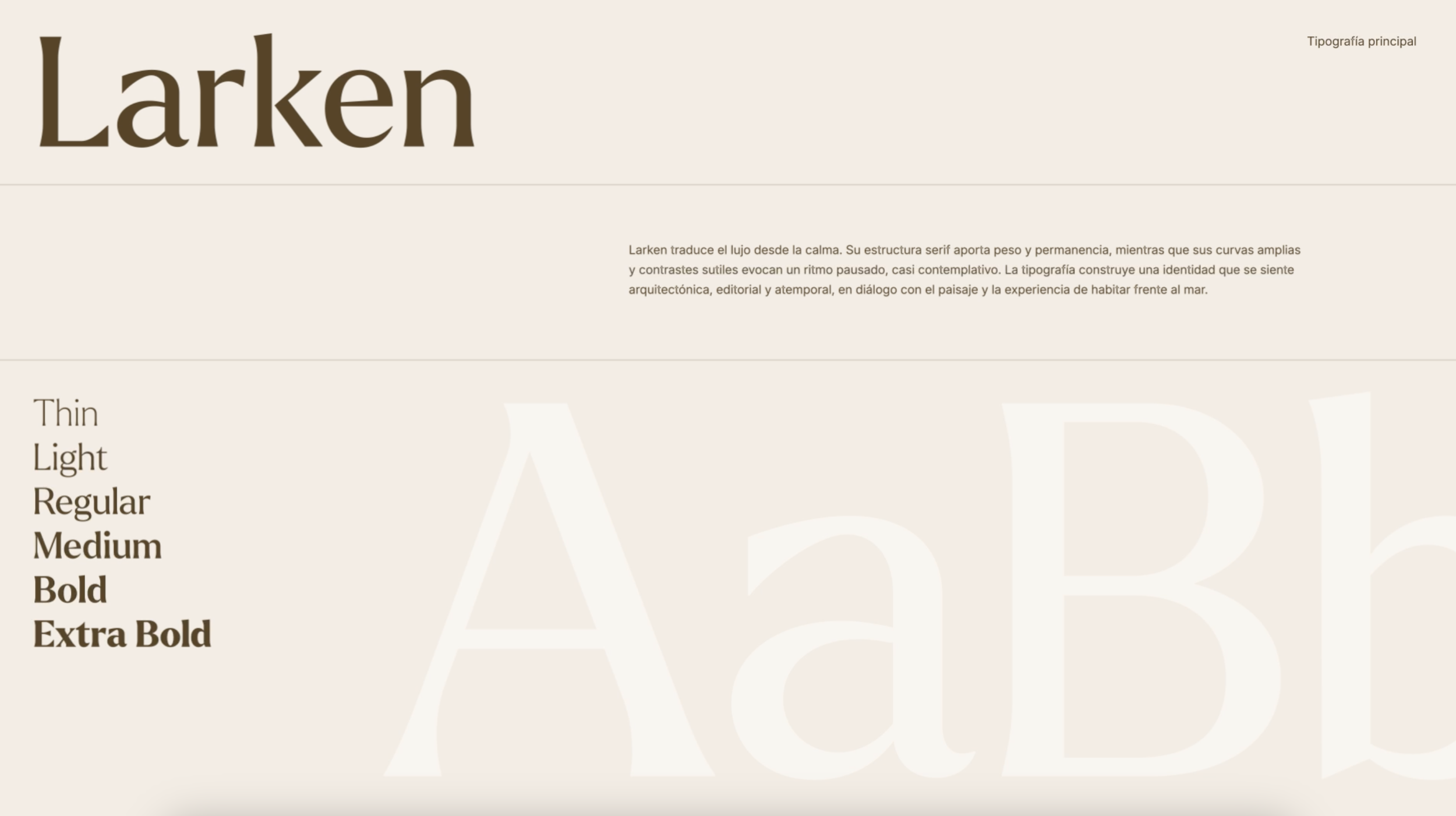 Close-up of a typography style guide featuring the name 'Larken' in large, brown serif font and a list of font weights including Thin, Light, Regular, Medium, Bold, Extra Bold, on a beige background with descriptive text.