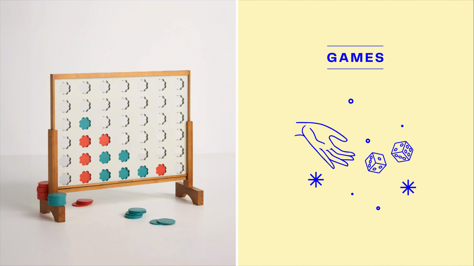 An animated graphic displaying a wooden tabletop connect-four game alongside a minimalist blue line-art hand illustration for the 'Games' category page layout, created by Brandt communication agency in Panama