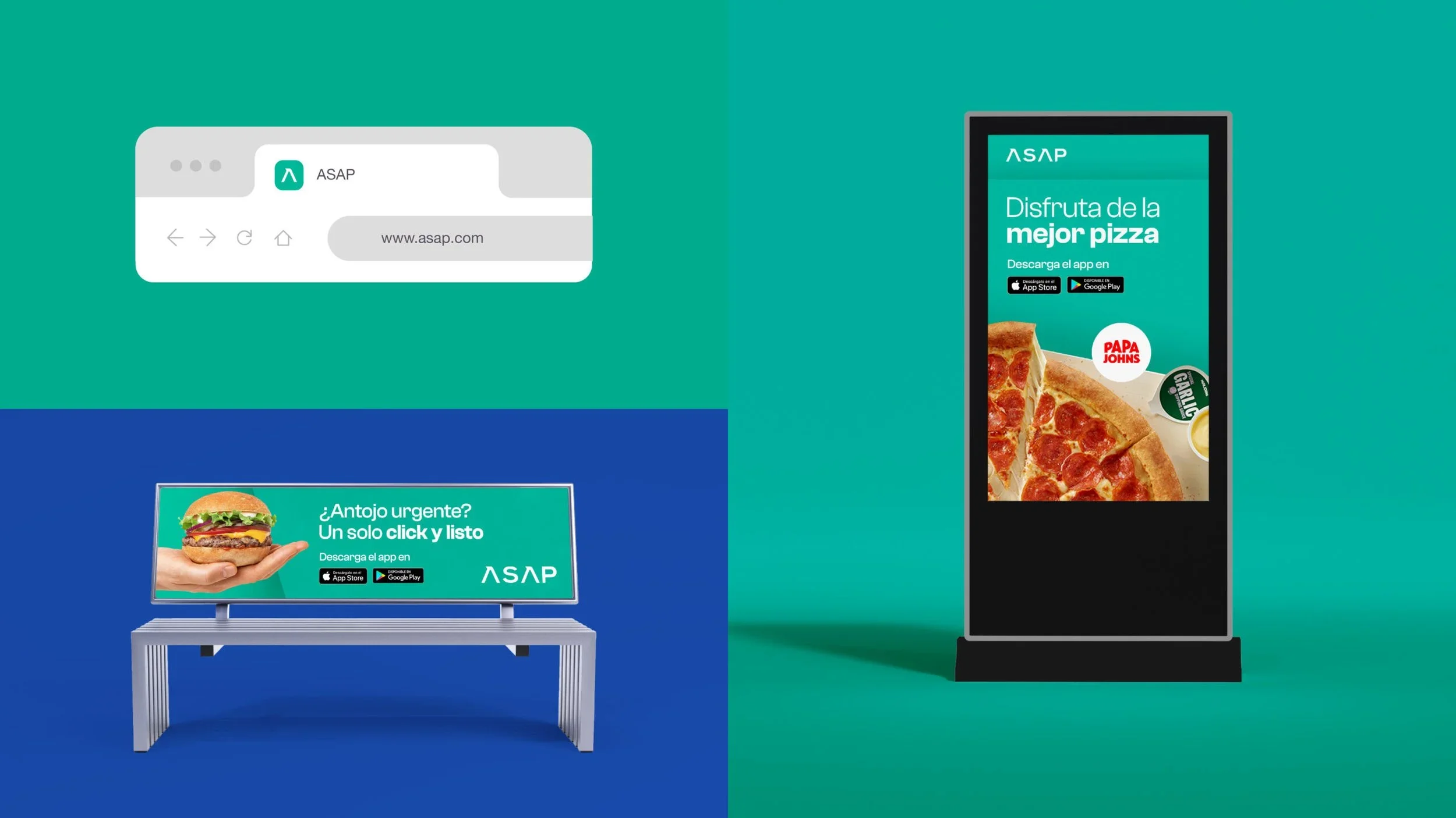 Outdoor advertising mockups including a bus stop billboard and digital kiosk for ASAP delivery app designed by Brandt, a branding and communication firm in Panama.