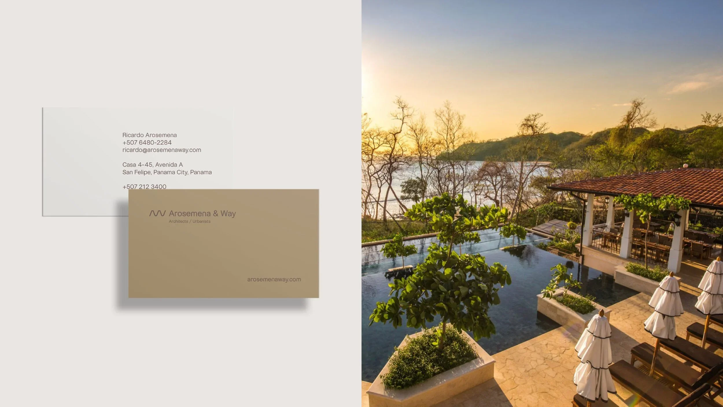 Minimalist business card design mockup for Arosemena and Way Architects developed by luxury branding agency Brandt in Panama City, Panama.