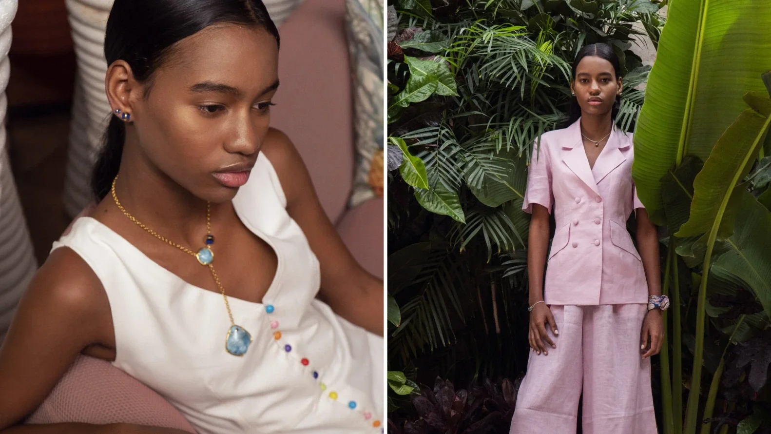 Maison 75 fashion campaign featuring a woman in a pink suit surrounded by tropical plants.