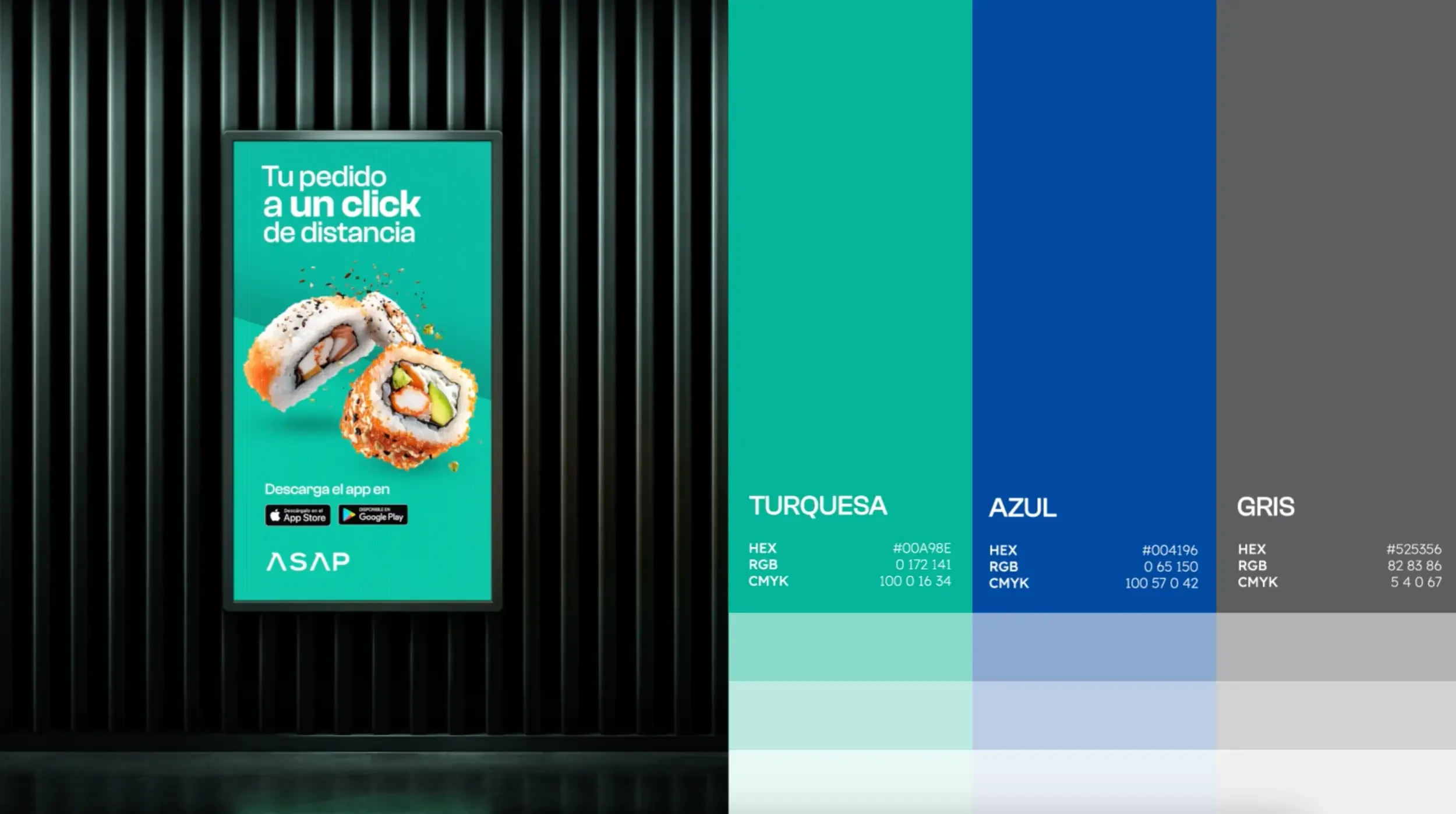 ASAP brand identity color palette in turquoise, blue, and grey next to a digital billboard food ad created by Firma Brandt, a branding and advertising agency in Panama.