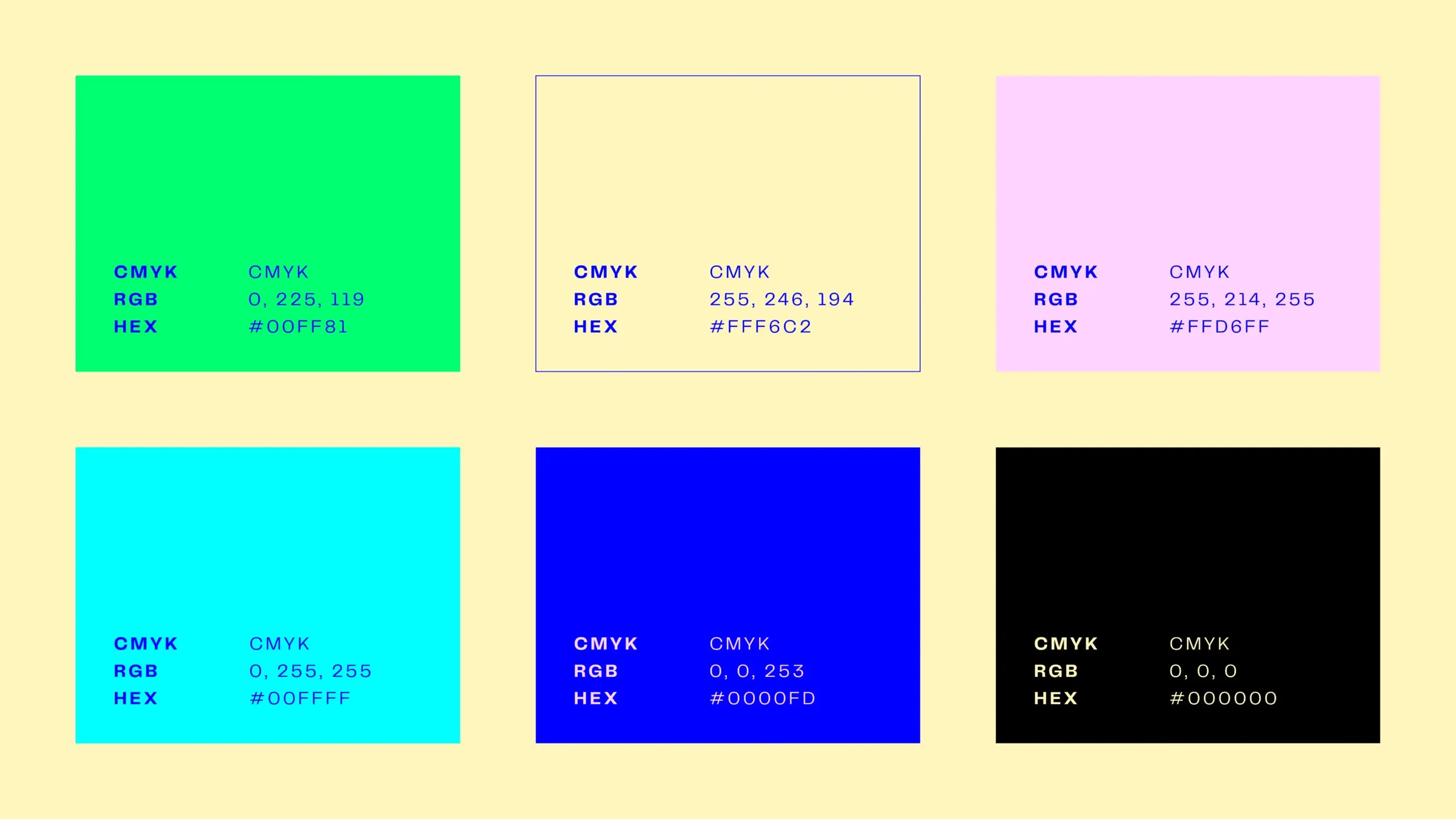Curado Shop brand identity color palette system showing bright green, cream yellow, light pink, cyan, blue, and black swatches with color codes, designed by Brandt branding agency in Panama City, Panama.