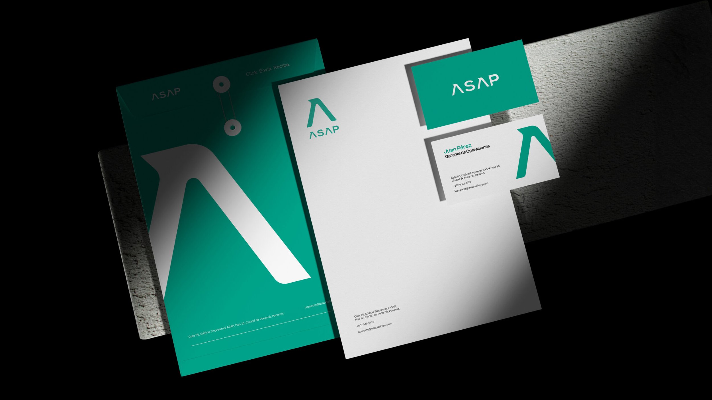 Business cards and a brochure for ASAP, a company based in Panama, with teal and white design elements.
