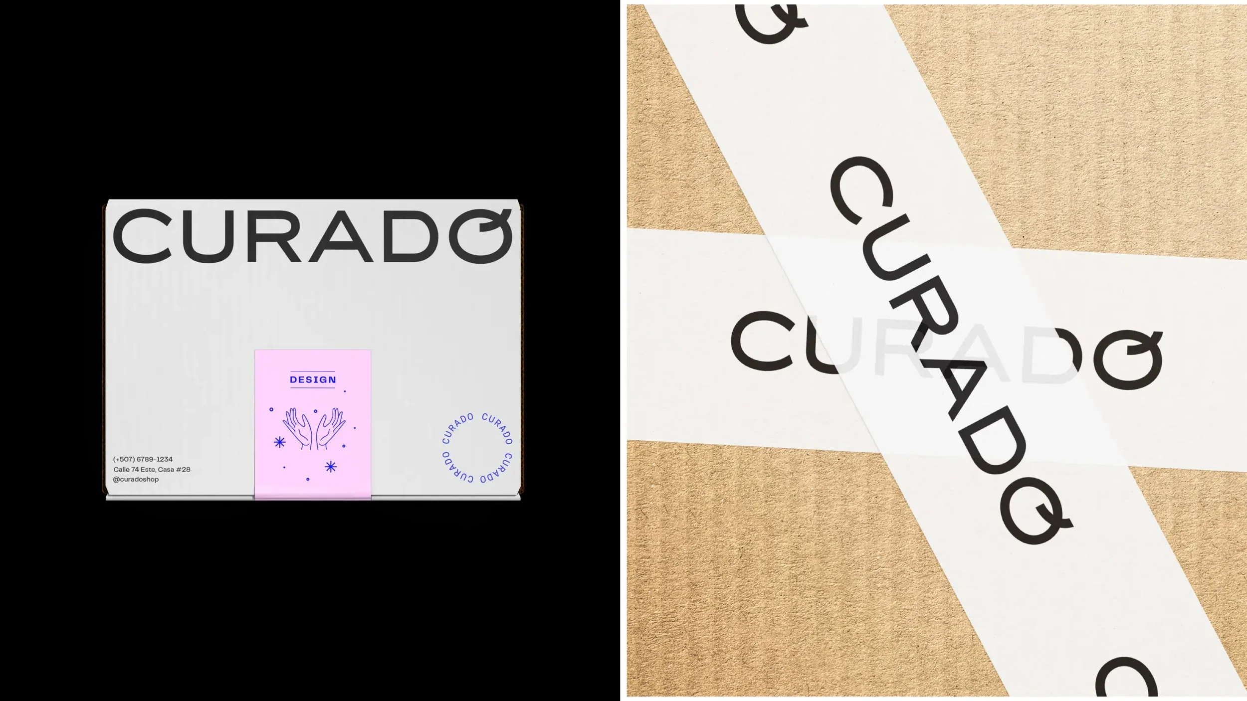 Minimalist white cardboard delivery box and custom branded kraft packing tape packaging assets for Curado Shop, developed by Brandt branding agency in Panama.